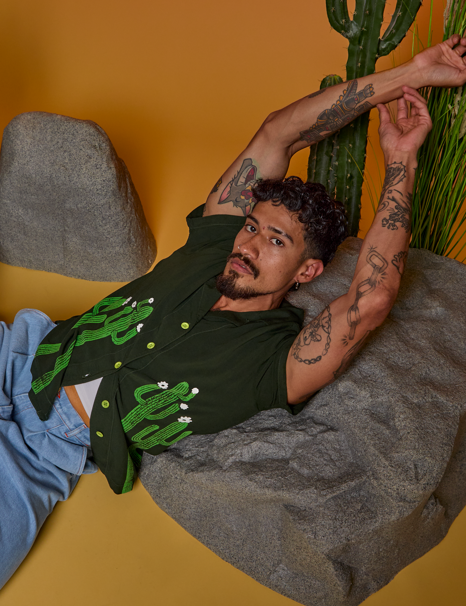 Paintstamped Pantry Button-Up in Cactus worn by Jesse