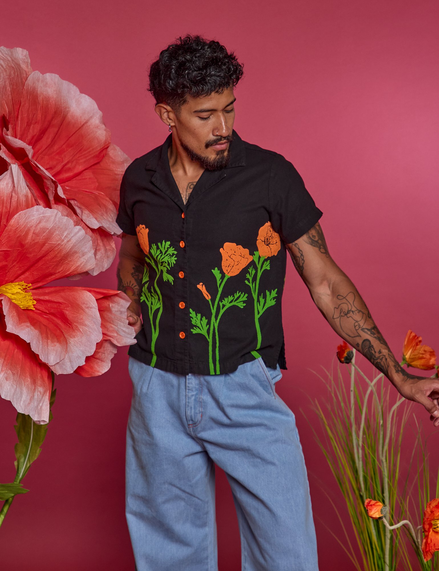Paintstamped Pantry Button-Up in Poppy worn by Jesse
