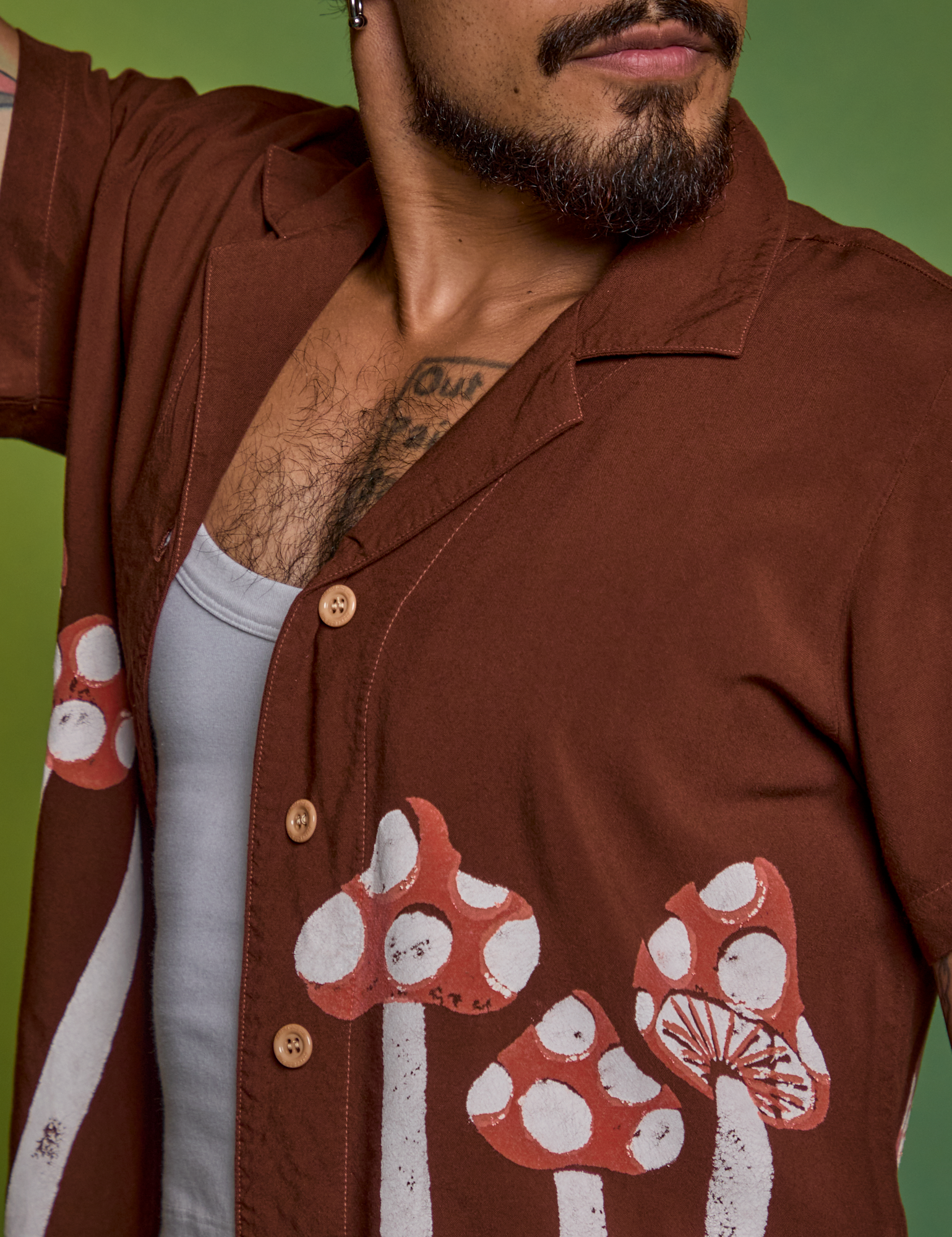 Paintstamped Pantry Button-Up in Mushroom front close up on Jesse