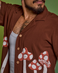 Paintstamped Pantry Button-Up in Mushroom front close up on Jesse