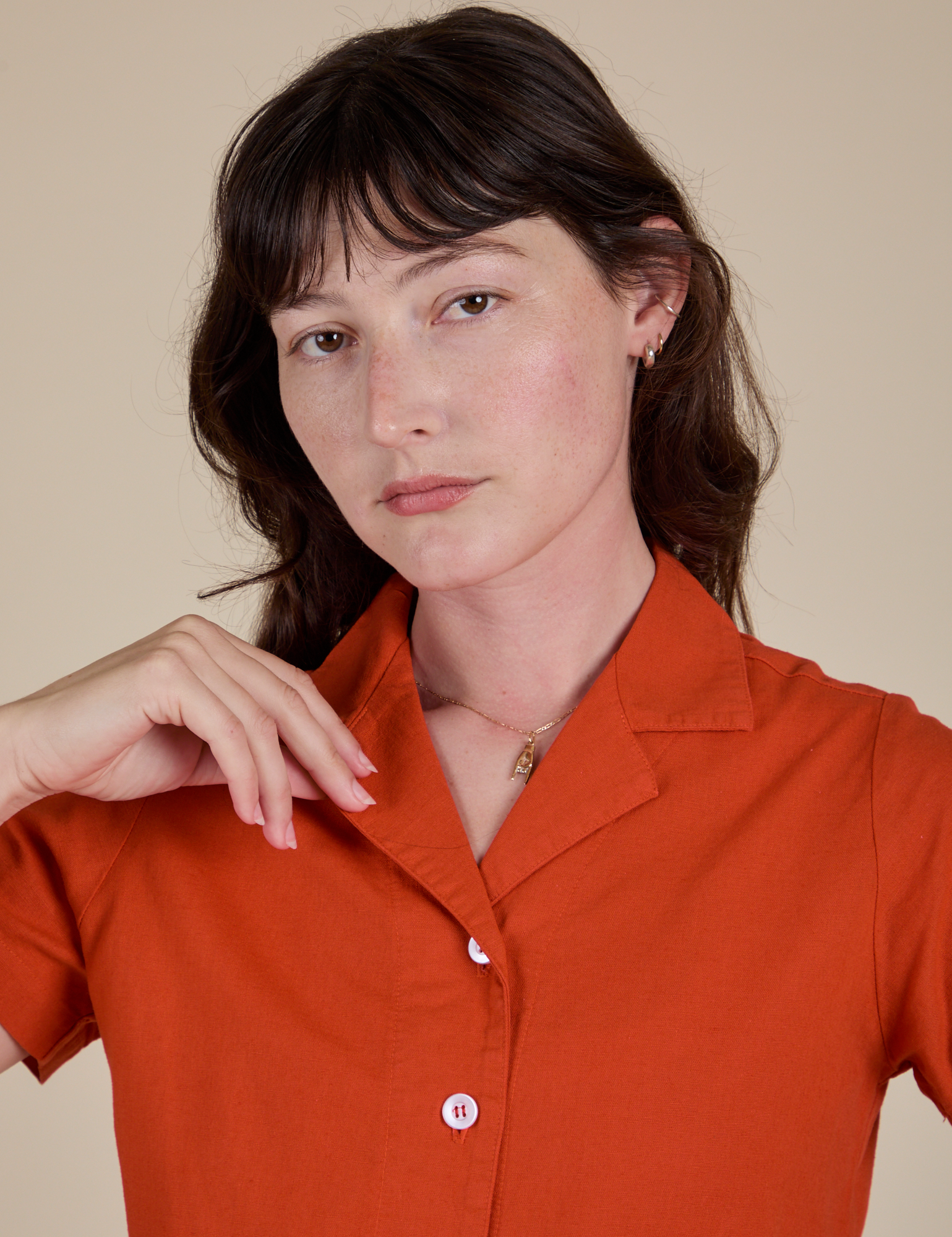Pantry Button-Up in Chili Red front close up on Alex