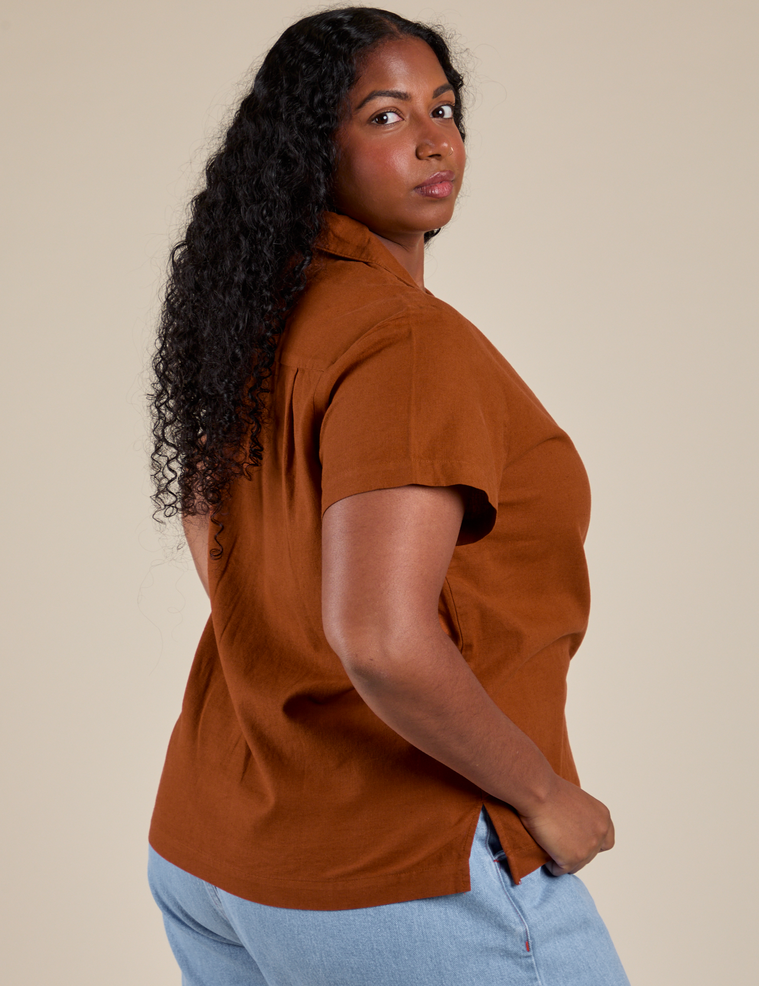 Pantry Button-Up in Burnt Terracotta side view on Meghna