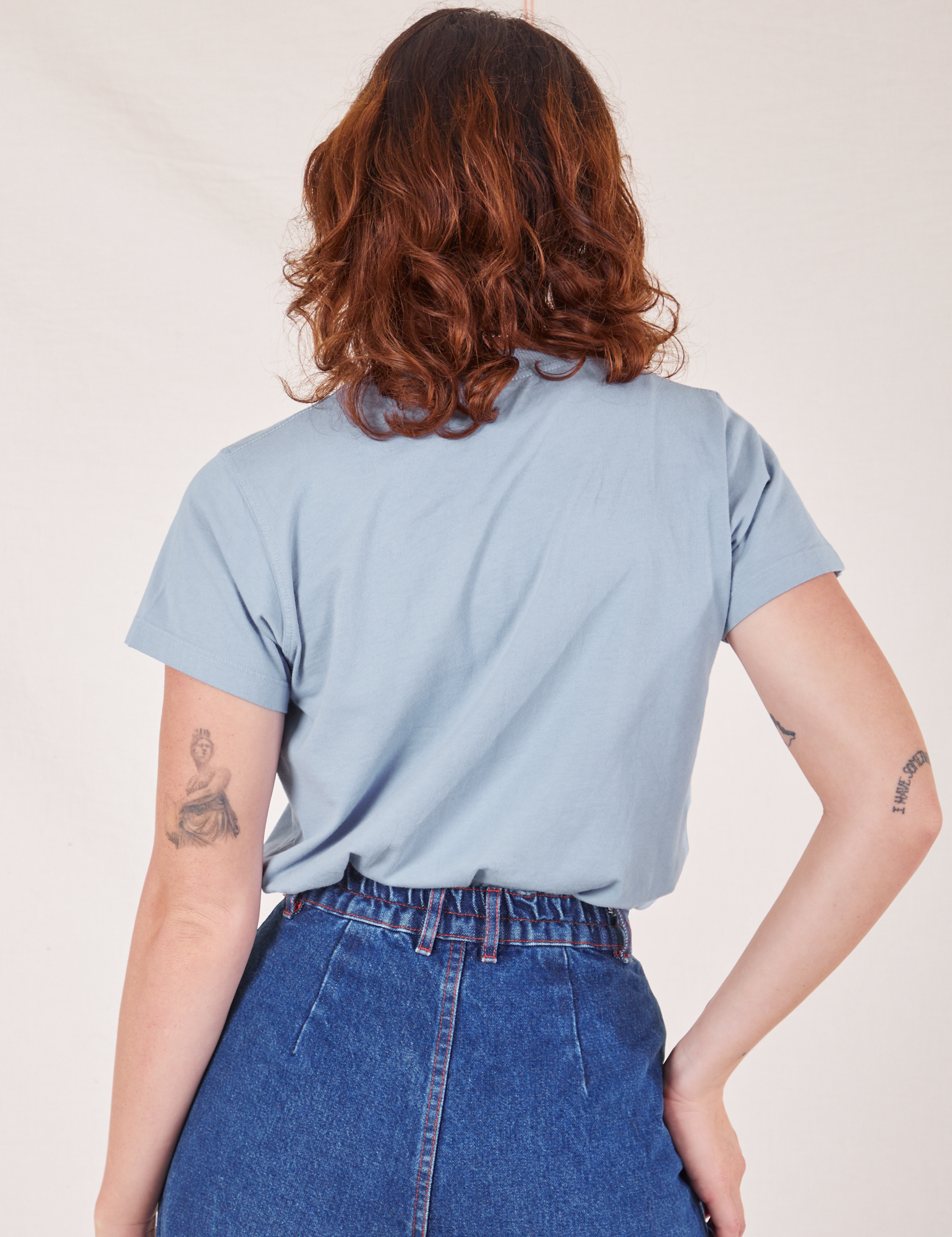 Back view of The Organic Vintage Tee in Periwinkle on Alex