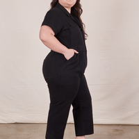 Petite Short Sleeve Jumpsuit in Basic Black side view on Ashley