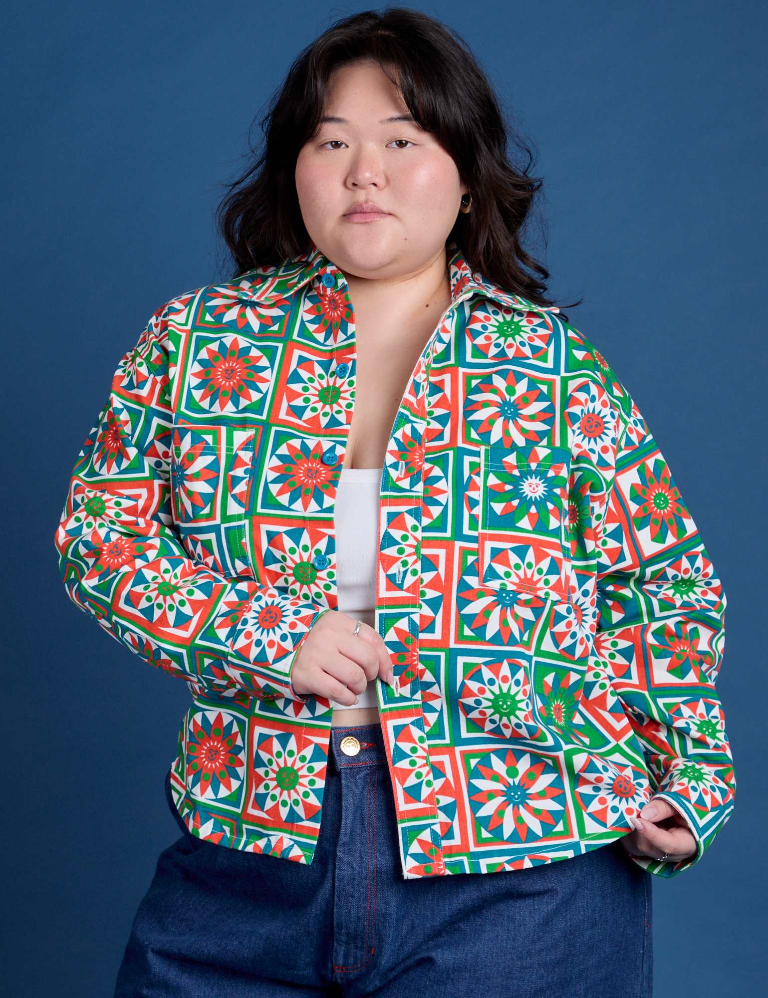Cropped Overshirt in Quilt Print worn by Ashley