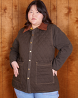 Ashley is 5'7" and wearing M Quilted Overcoat in Espresso Brown