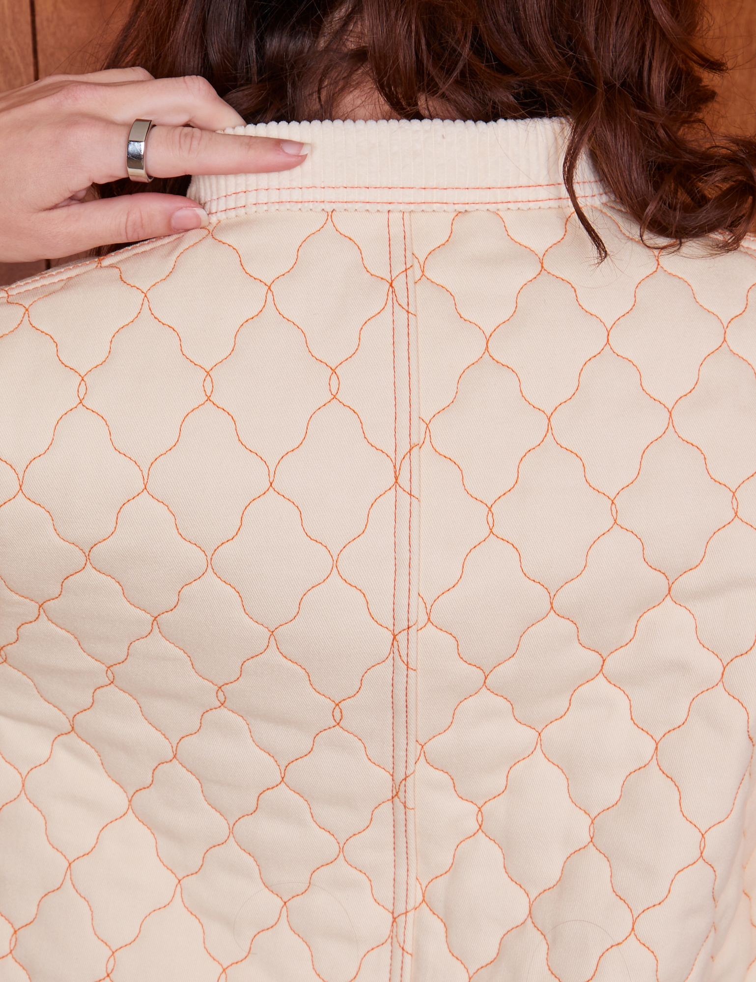 Quilted Overcoat in Vintage Off-White back close up on Alex
