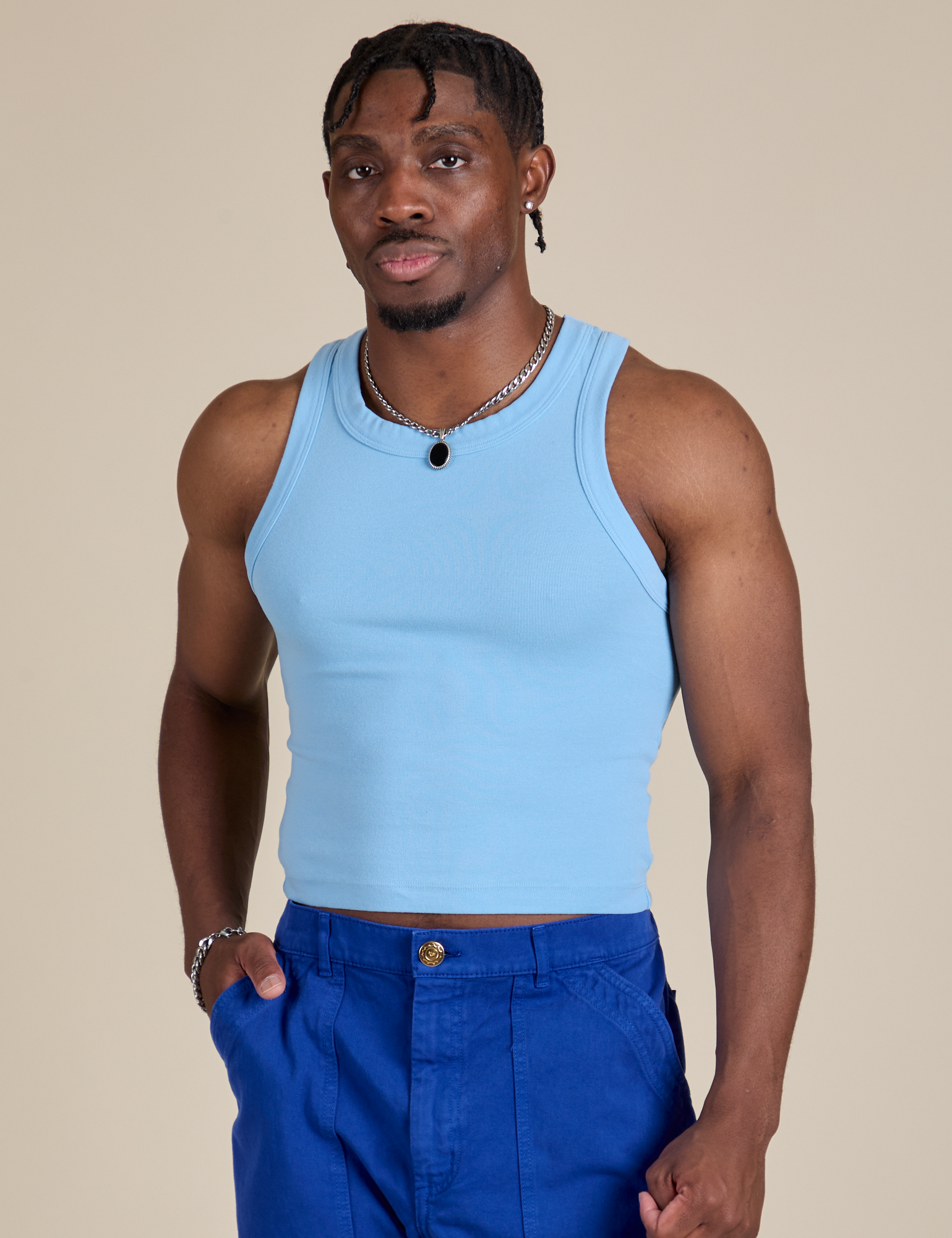 Isaac is 5’10” and wearing S Racerback Tank in Baby Blue