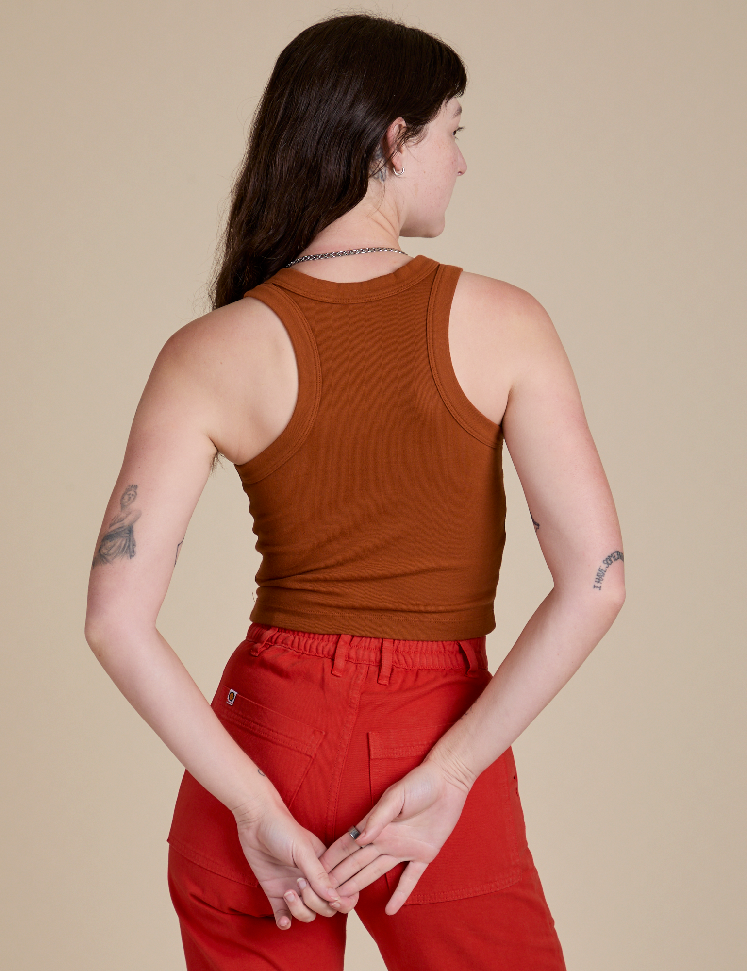 Racerback Tank in Burnt Terracotta back view on Alex