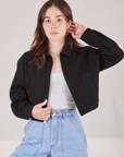 Hana is 5’3” and wearing P Ricky Jacket in Basic Black