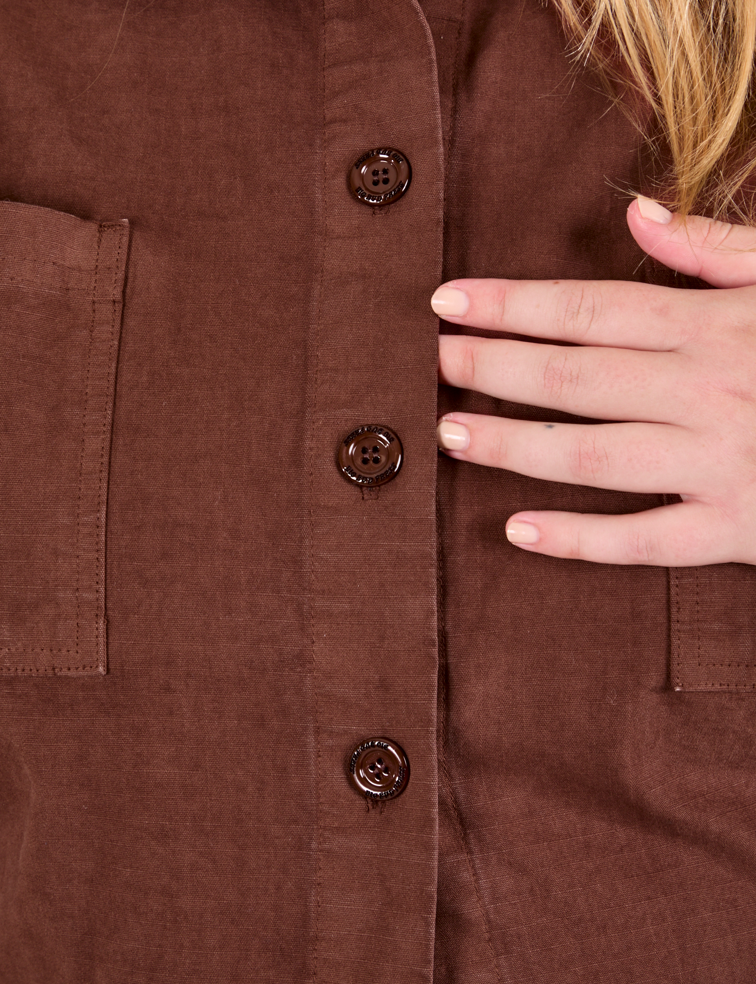 Ripstop Work Jacket in Fudgesicle Brown button placket close up on Juliet