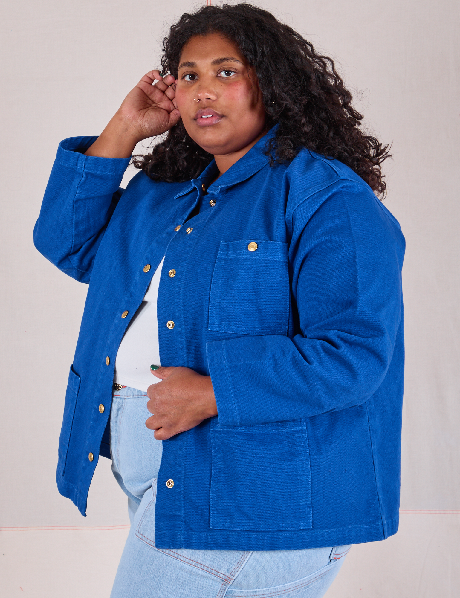 Angled front view of Denim Work Jacket in Royal Blue on Morgan