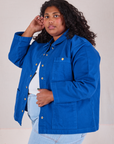 Angled front view of Denim Work Jacket in Royal Blue on Morgan