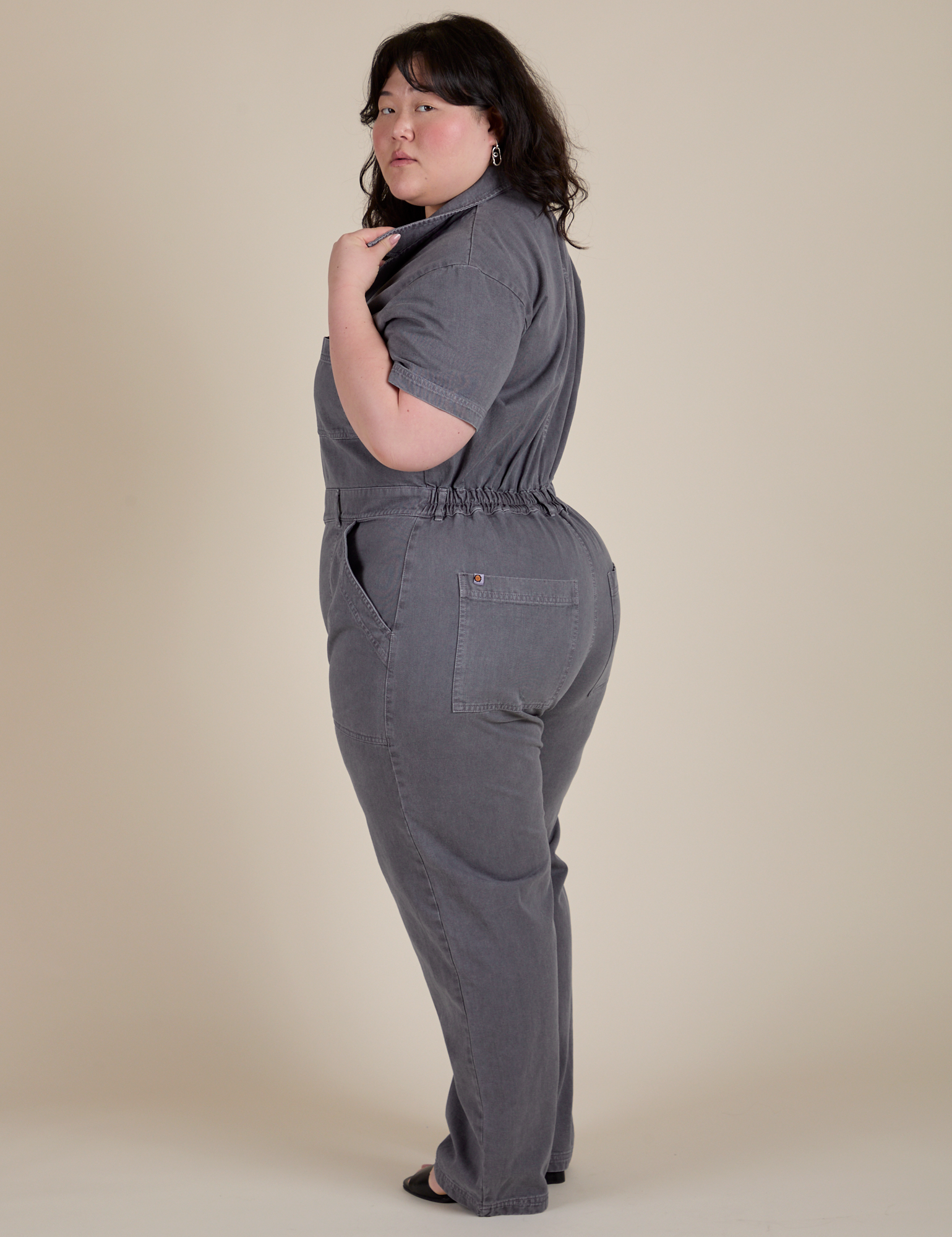 Short Sleeve Jumpsuit in Washed Grey side view on Ashley