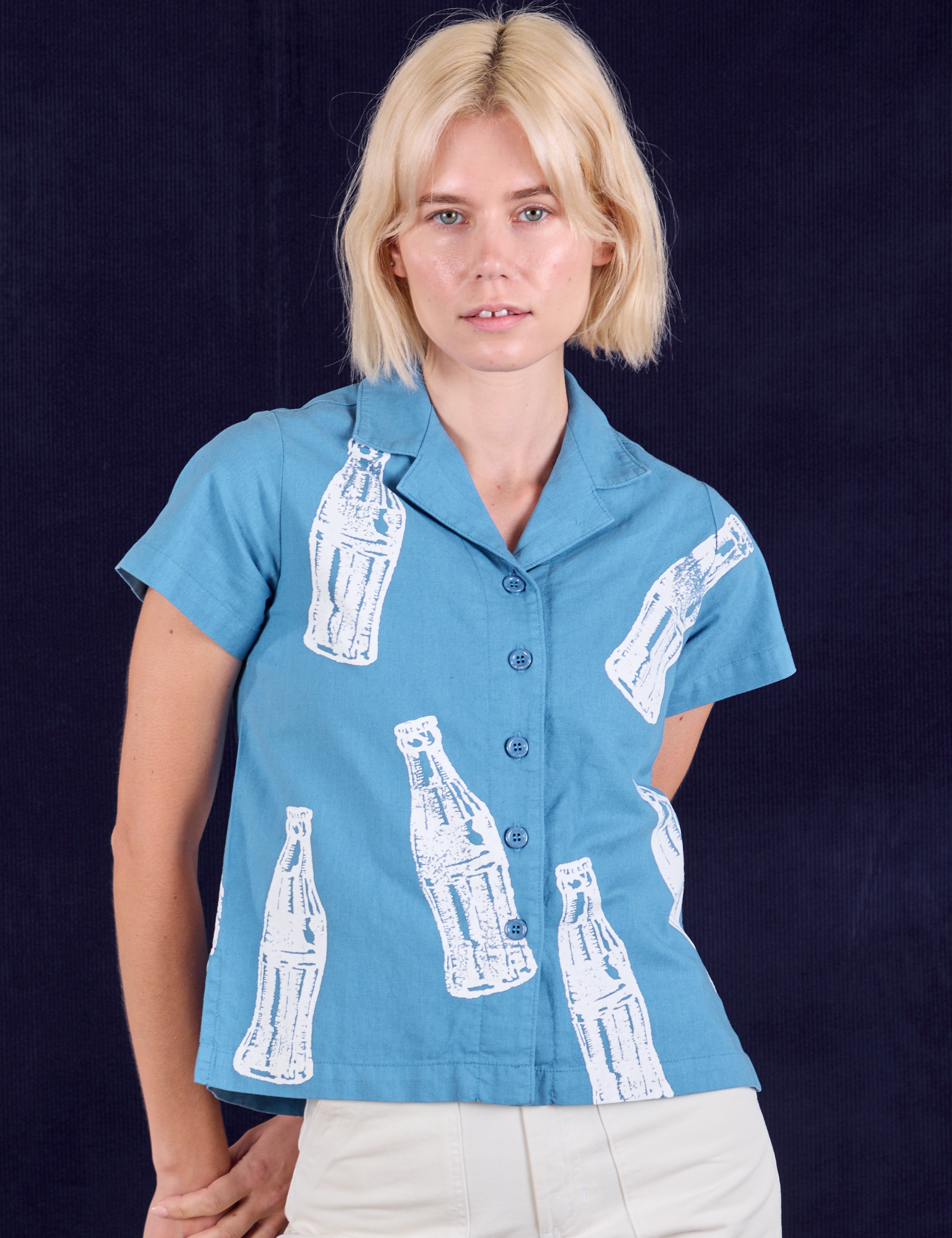 Soda Bottle Pantry Button-Up in Greek Blue worn by Madeline