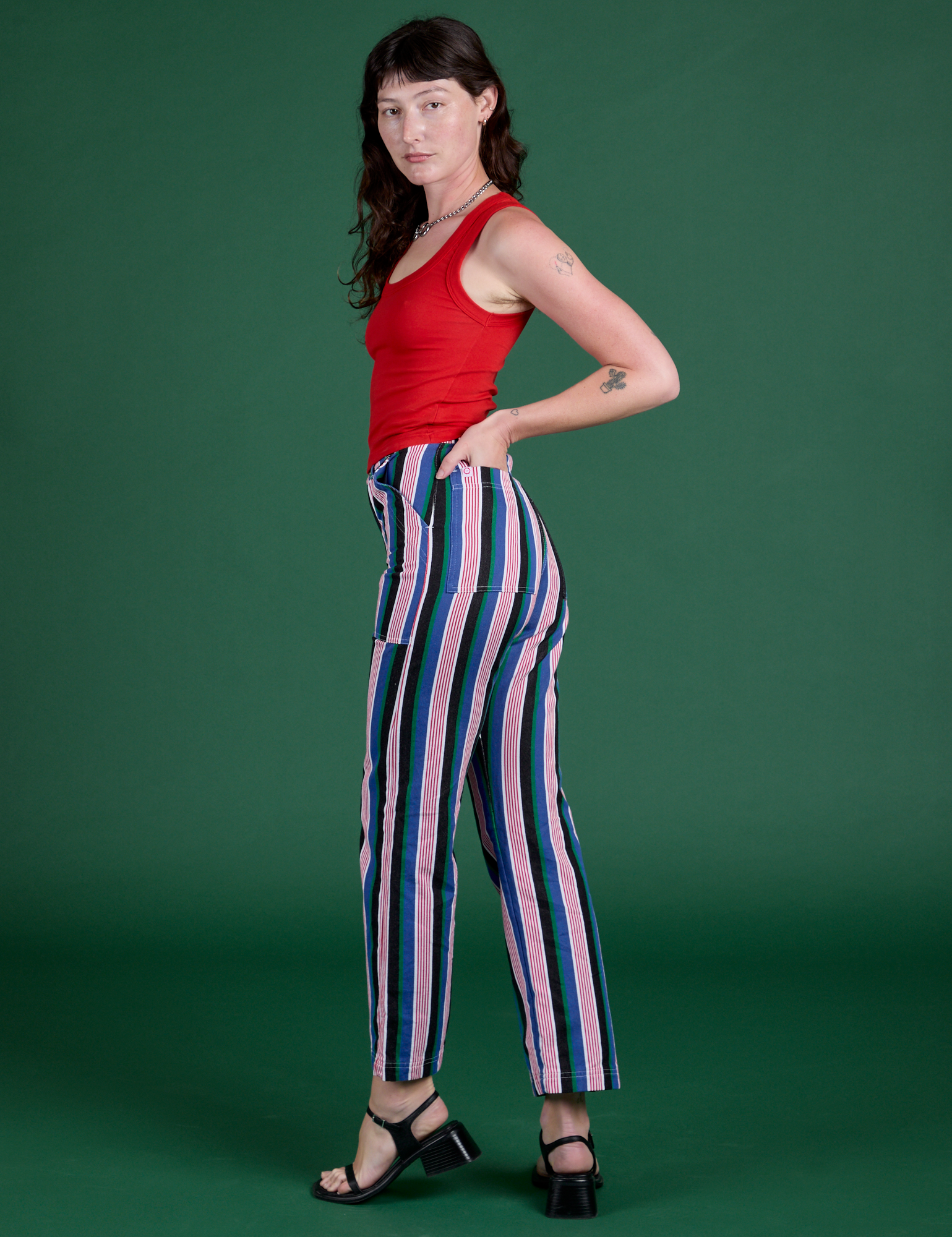 Angled back view of Work Pants in Pacific Stripe on Alex