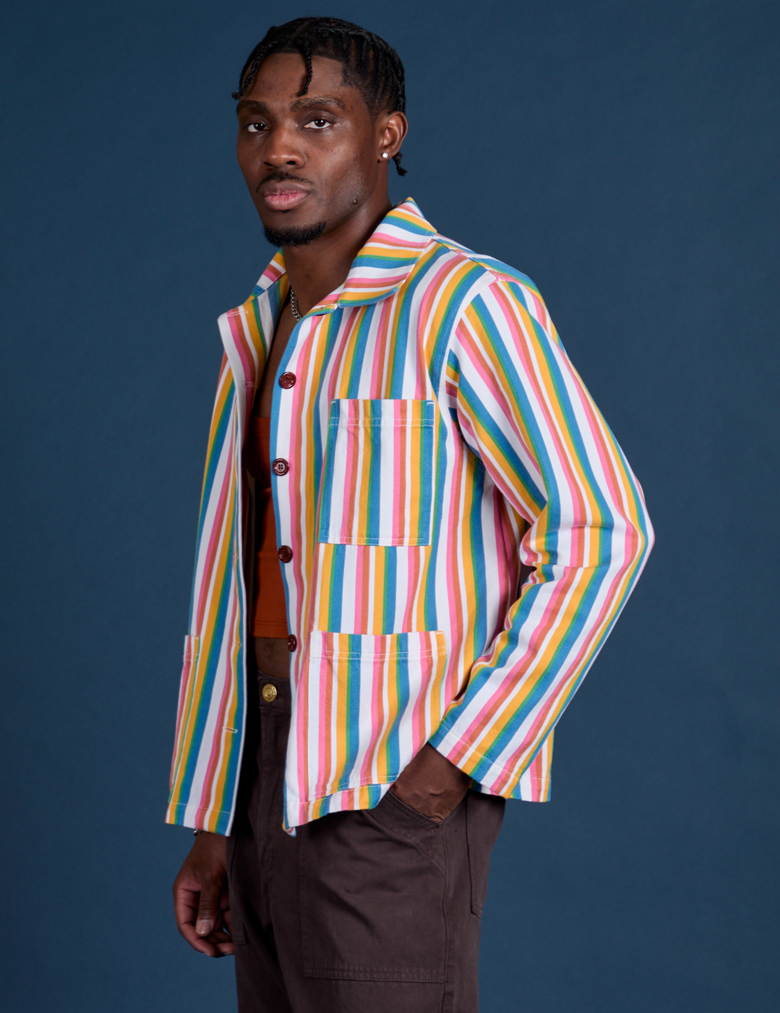 Angled front view of Stripe Work Jacket in Rainbow Stripe