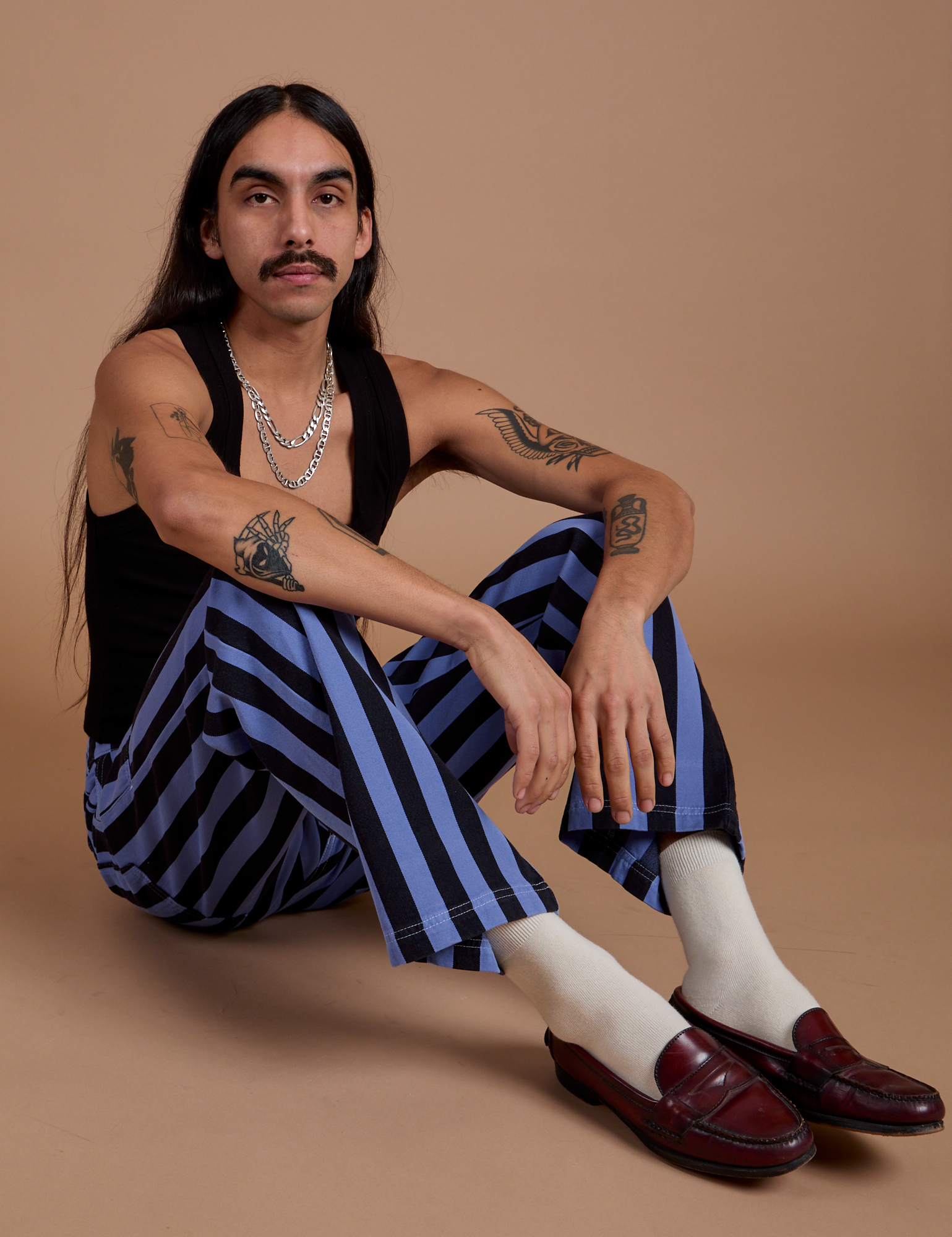 Black Stripe Work Pants in Cornflower Blue worn by Anthony