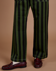 Black Stripe Work Pants in Evergreen pant leg close up on Anthony