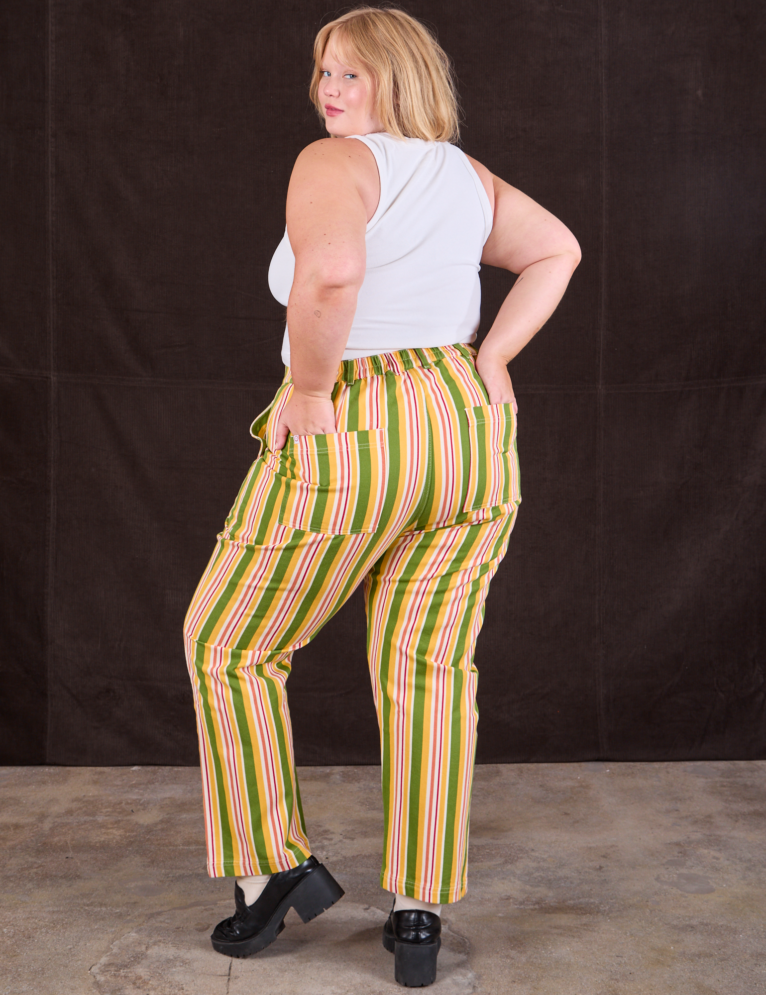 Back view of Stripe Work Pants in Vintage Sofa and Cropped Tank in vintage tee off-white on Juliet