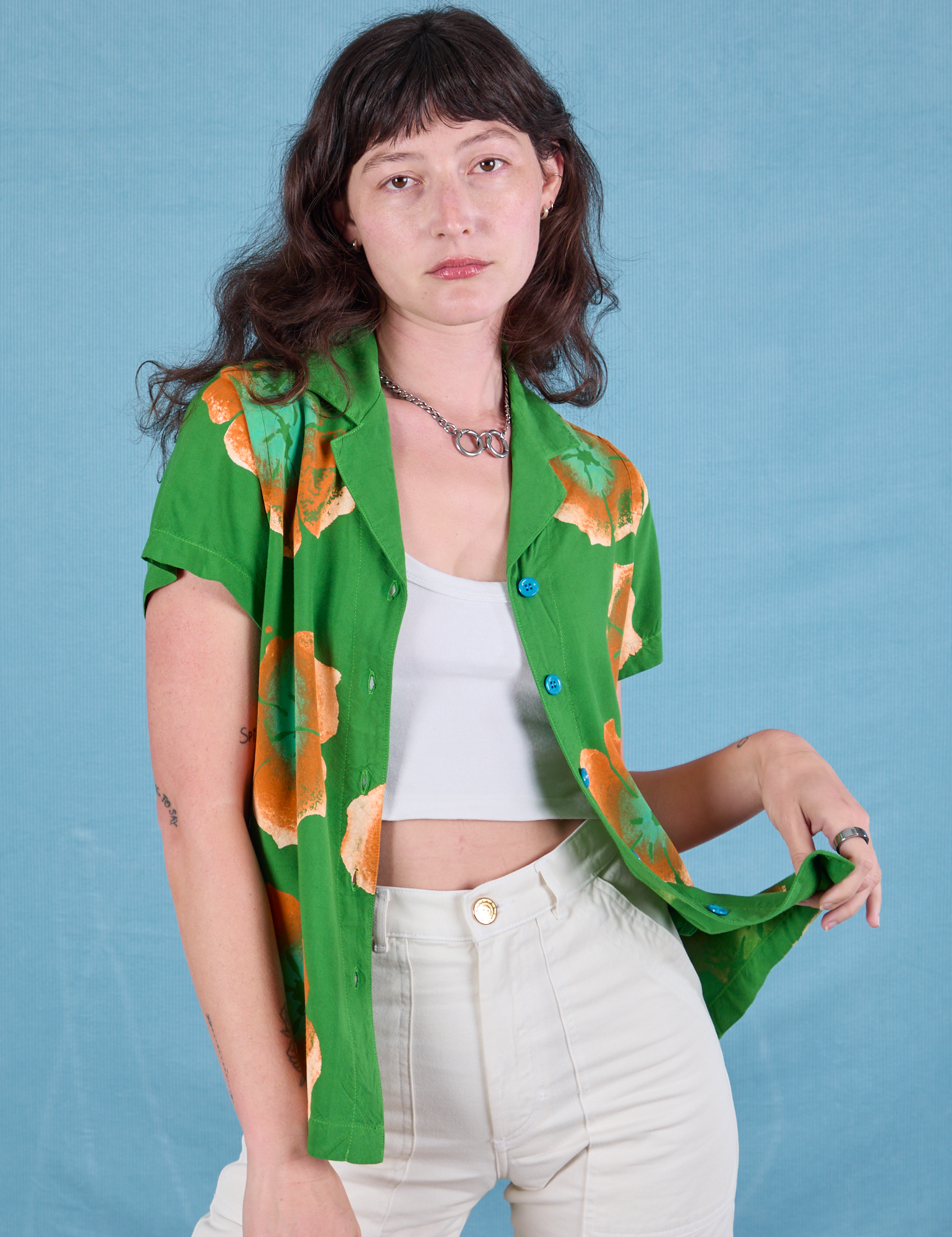 Paintstamped Pantry Button-Up in Kelly Green worn by Alex