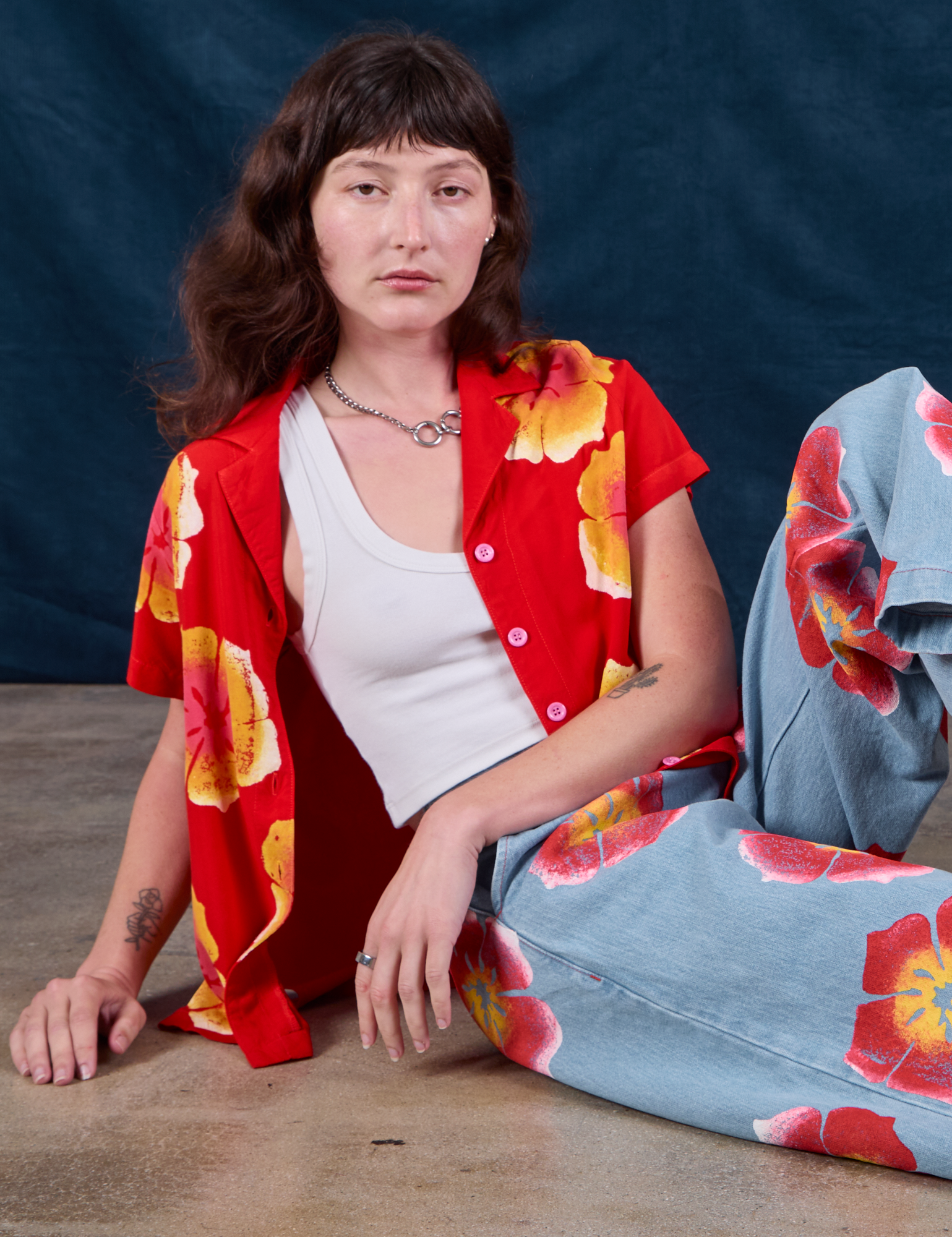 Paintstamped Pantry Button-Up in Mustang Red paired with Wide Leg Denim Trousers in Painted Flower