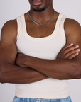 Front close up of The Tank Top in Vintage Tee Off-White on Isaac