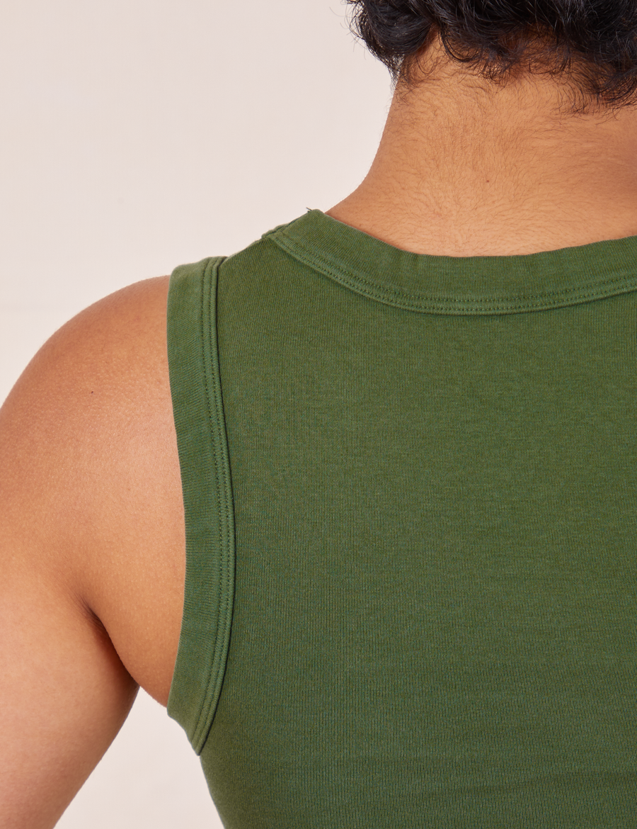 Tank Top in Dark Emerald Green close up of upper back on Mika
