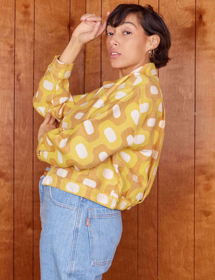 Side view of Jacquard Ricky Jacket in Yellow worn by Tiara