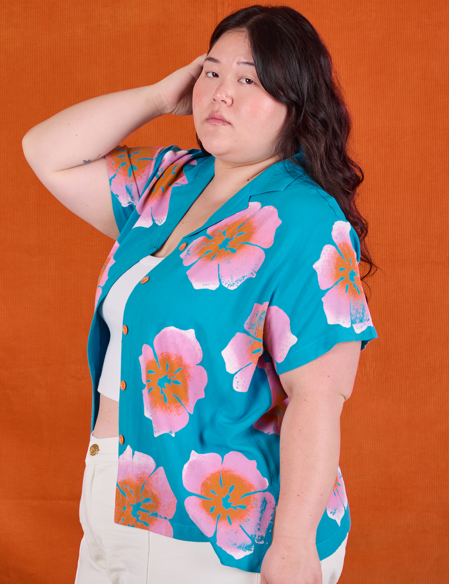Paintstamped Pantry Button-Up in Hawaiian Blue side view on Ashley