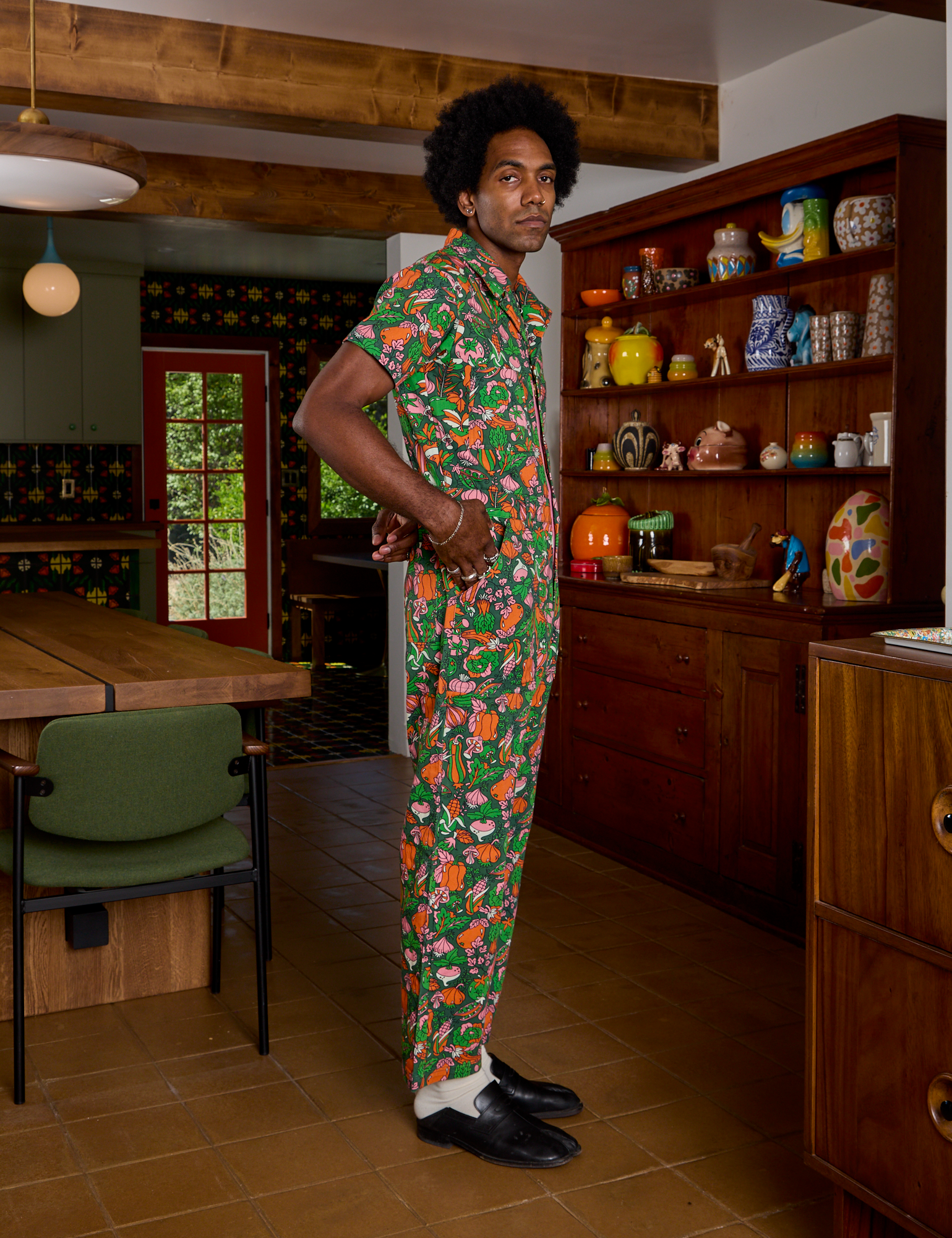 Side view of Short Sleeve Jumpsuit in Kitchen Collection on Jerrod