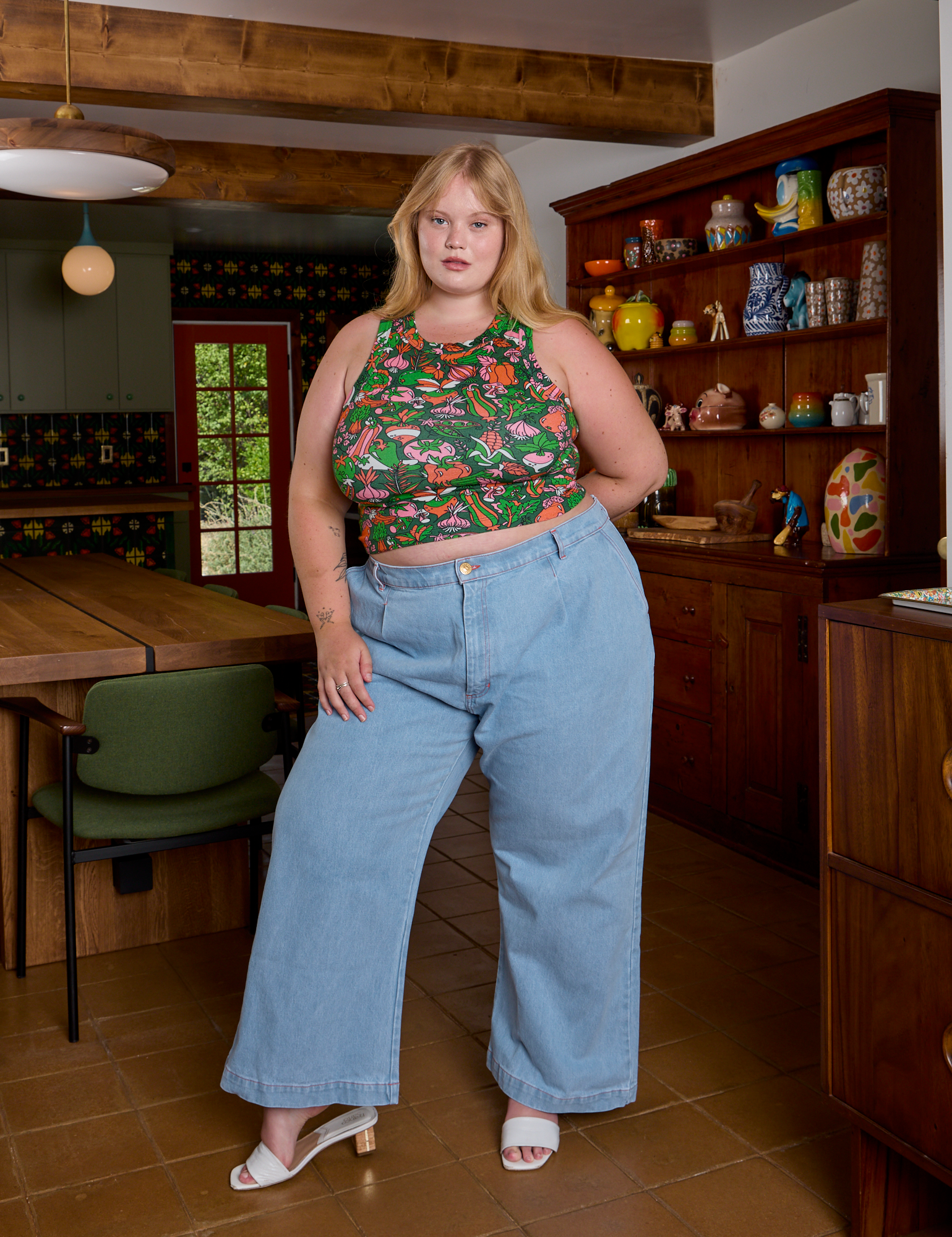 Kitchen Collection Racerback Tank and light wash Wide Leg Denim Trousers on Juliet