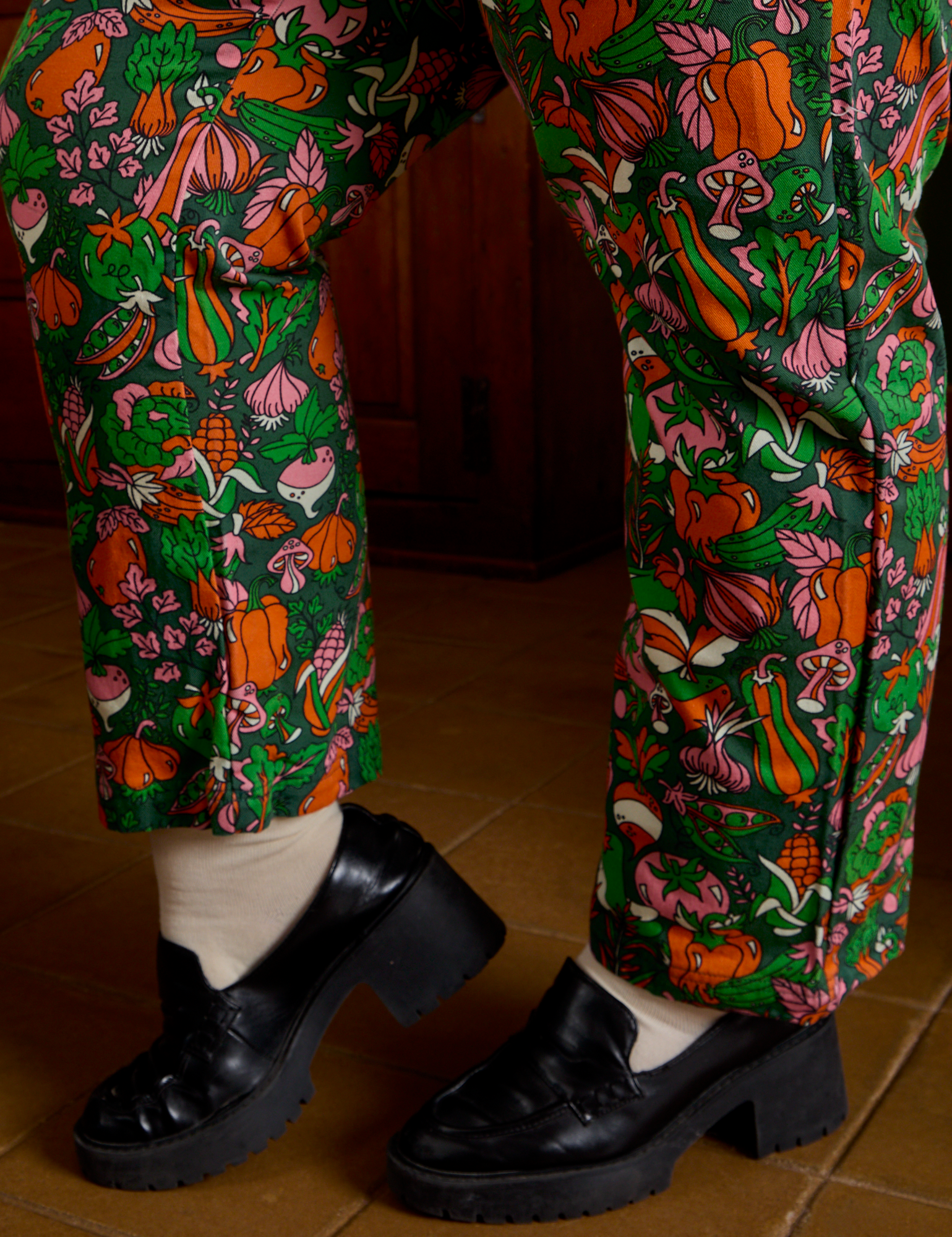 Work Pants in Kitchen Collection side pant leg close up on Juliet