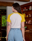 Short Sleeve Raglan Tee in Mushrooms back view on Alex