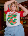 Juliet is wearing Short Sleeve Raglan Tee in Tomatoes