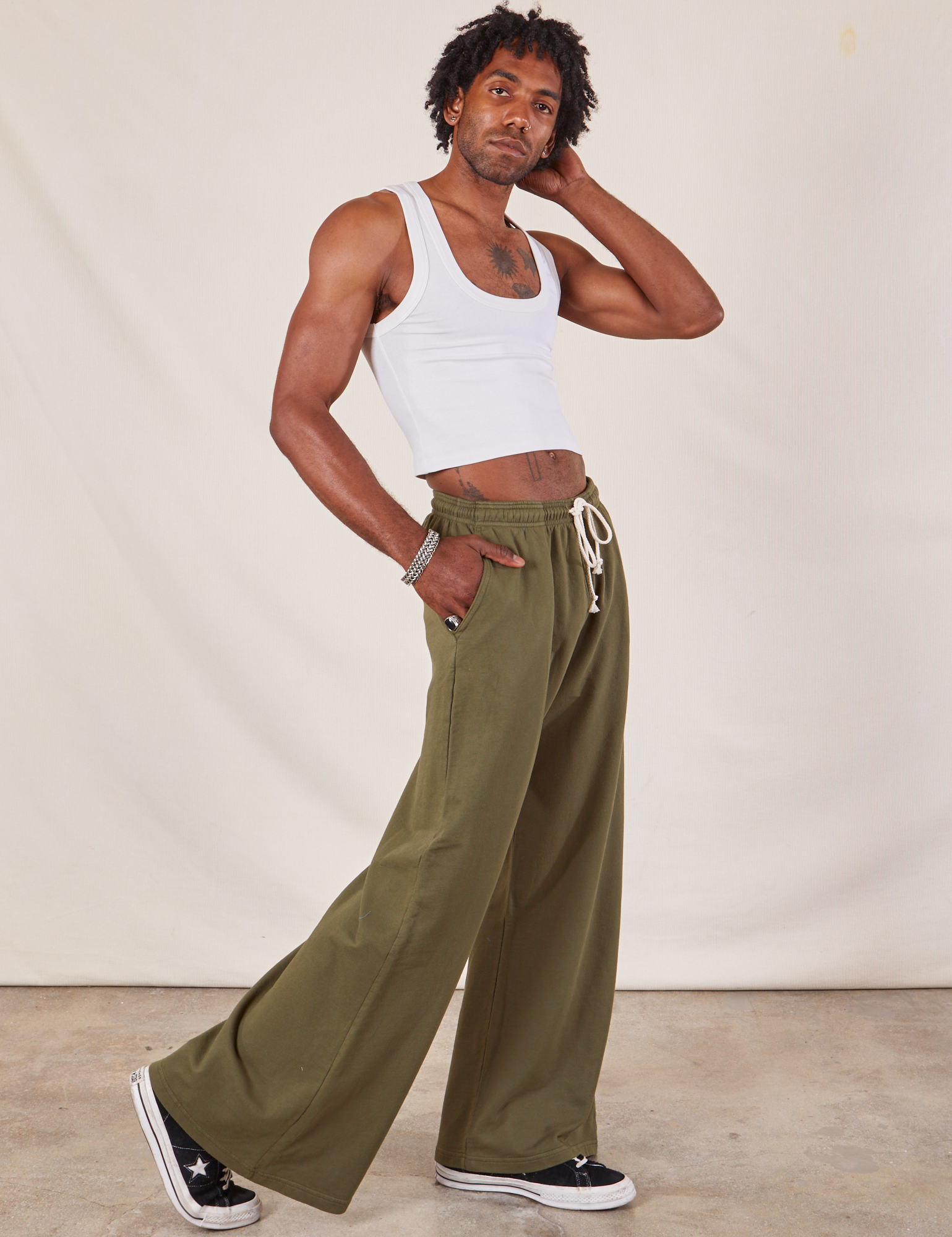 Wide Leg Sweat Pants in Surplus Green side view on Jerrod