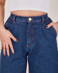 Indigo Wide Leg Trousers in Dark Wash front close up on Betty
