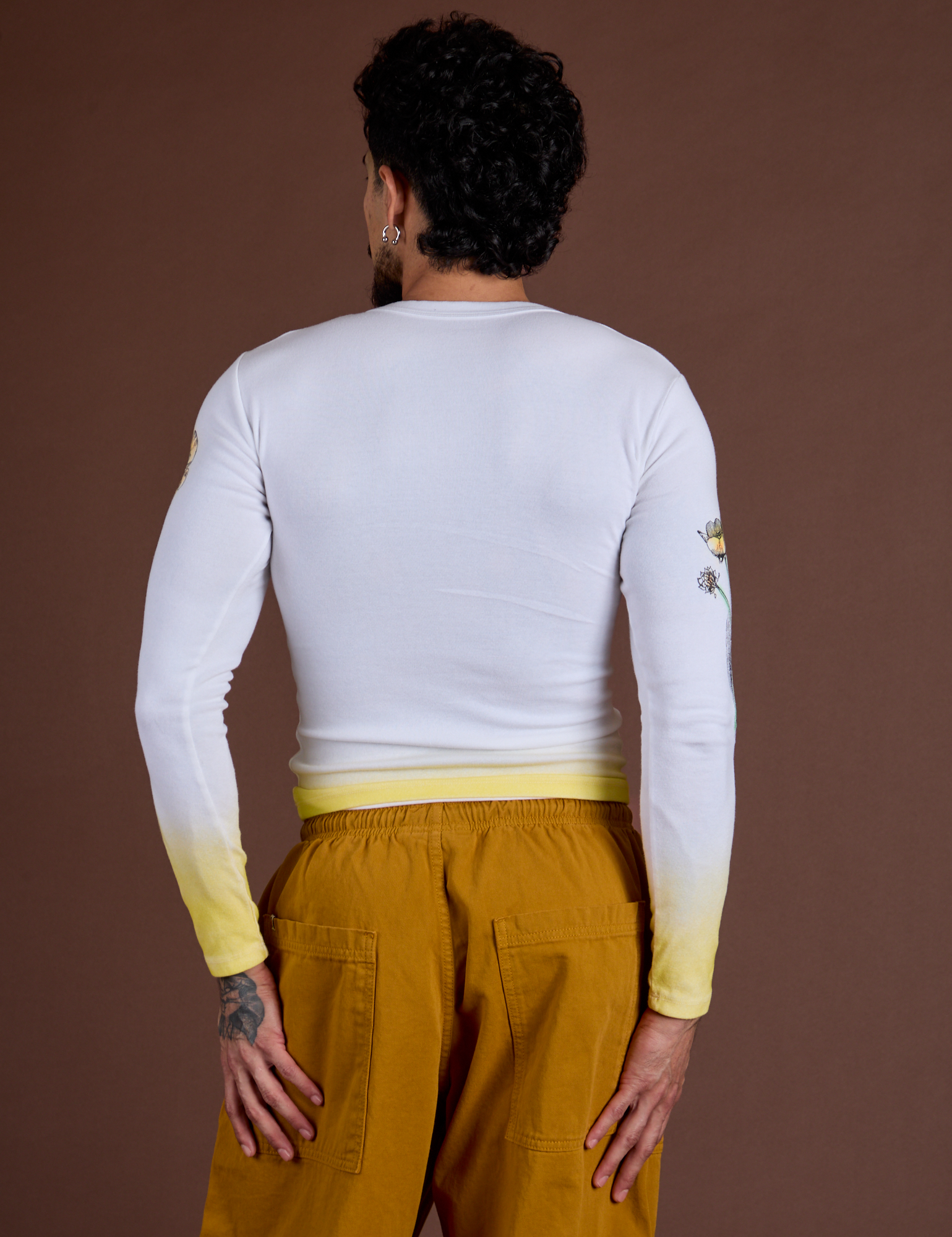 Floral Long Sleeve Baby Tee in Yellow back view on Jesse