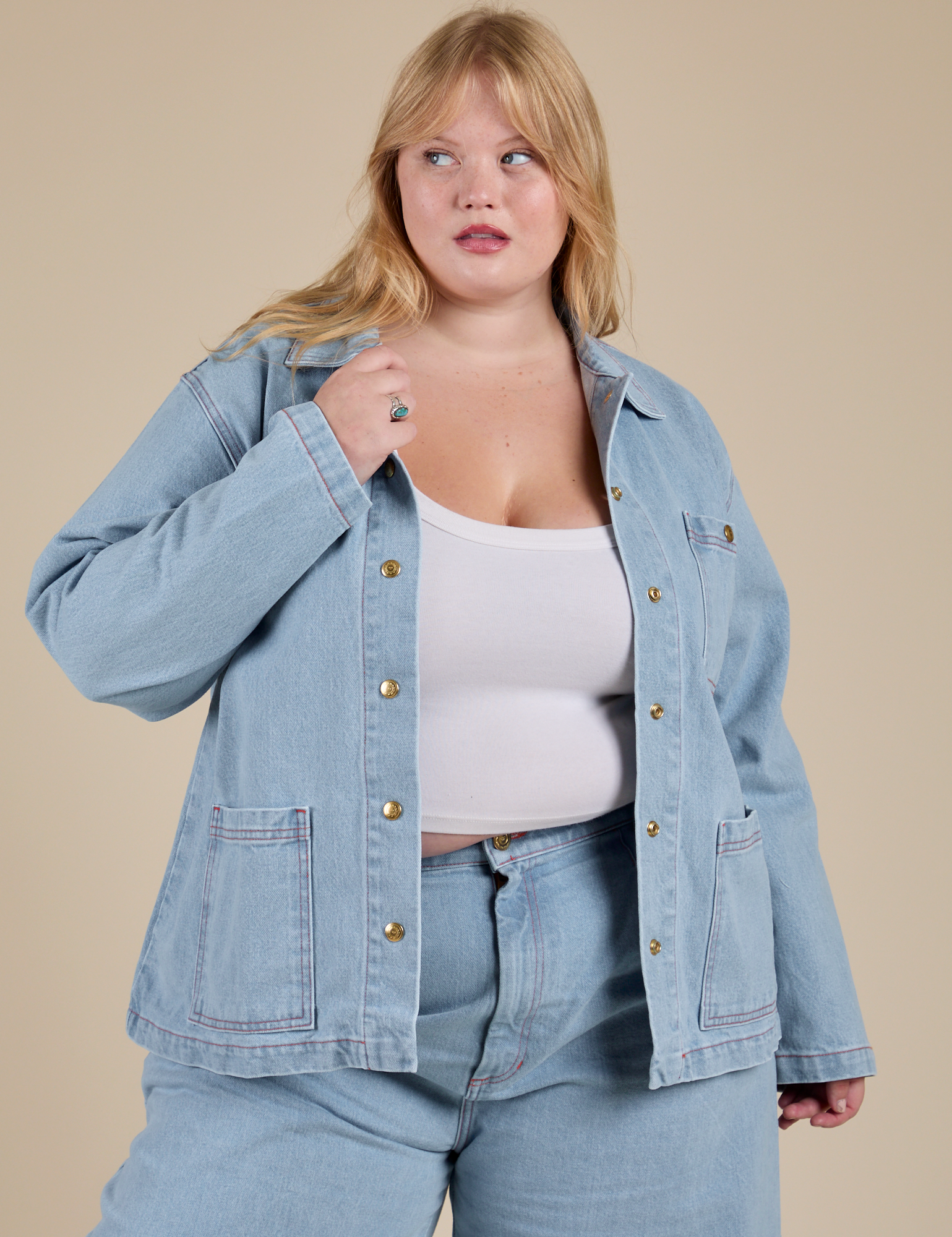 Indigo Denim Work Jacket in Light Wash on Juliet