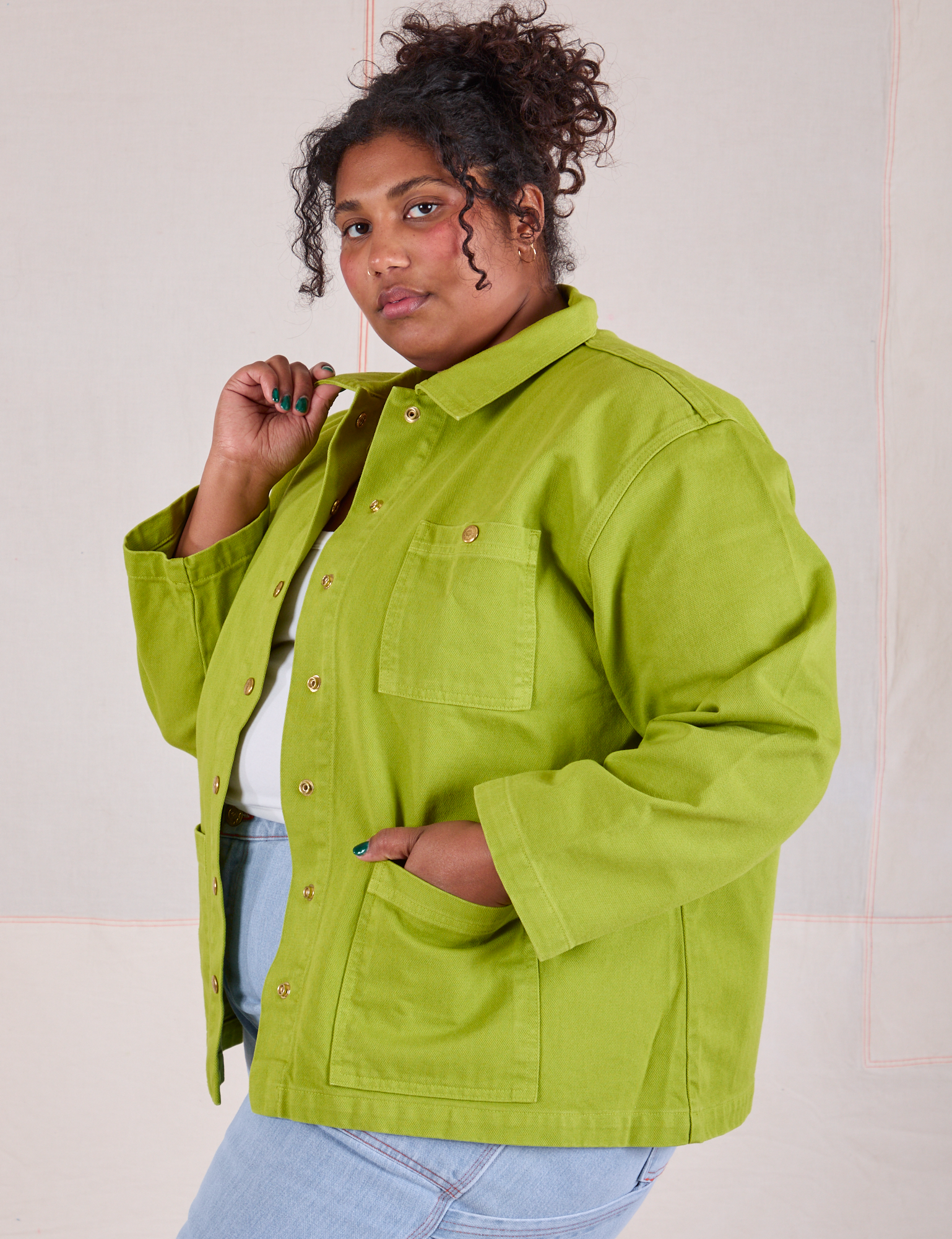 Denim Work Jacket in Gross Green side view on Morgan