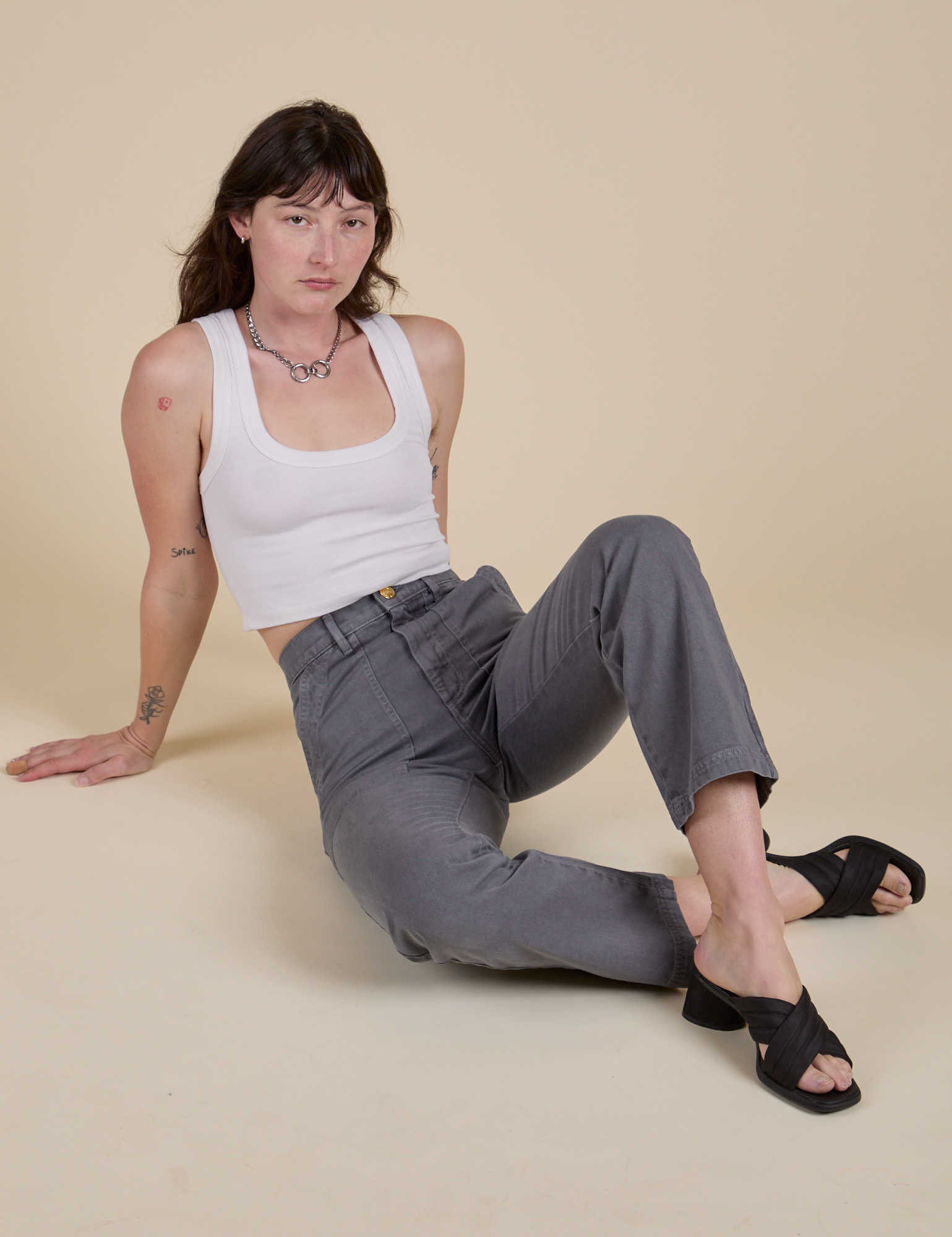 Work Pants in Washed Grey and Cropped Tank in Vintage Tee White on Alex
