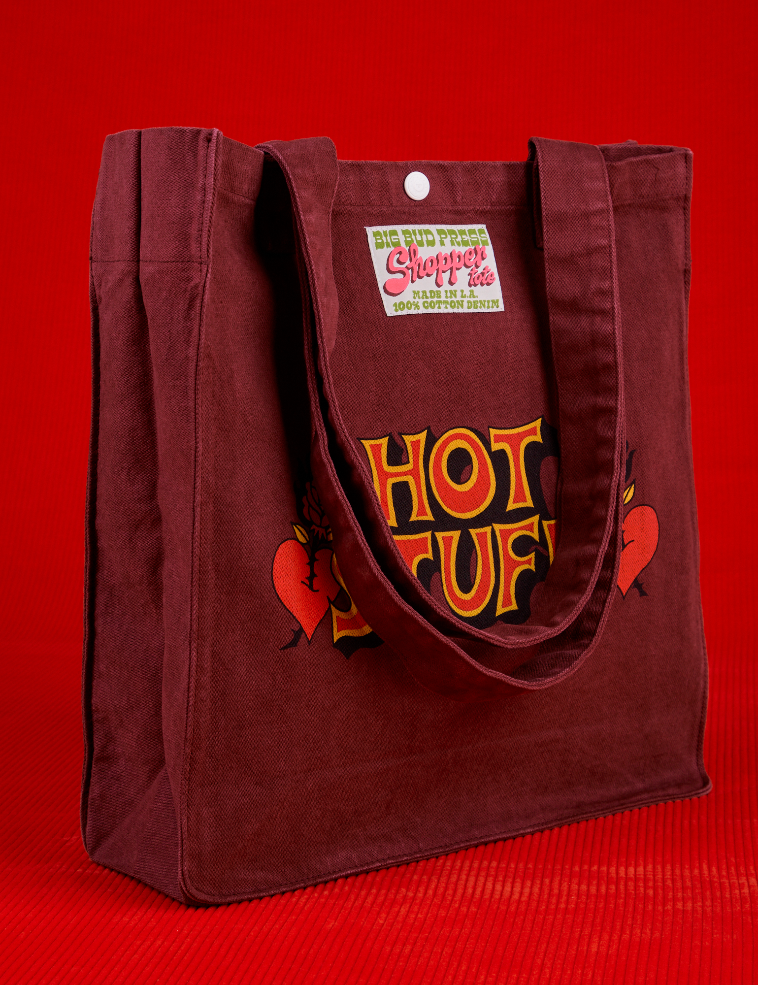 Angled front view of Hot Stuff Shopper Tote