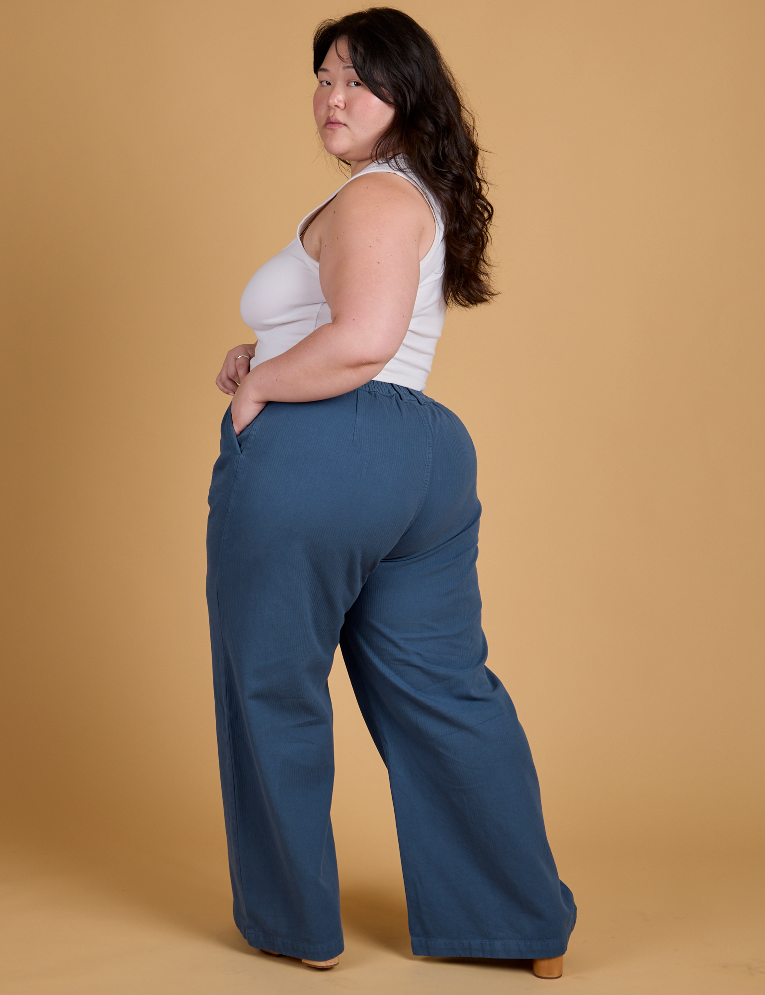 Heritage Wide Leg Trousers in French Blue angled back view on Ashley
