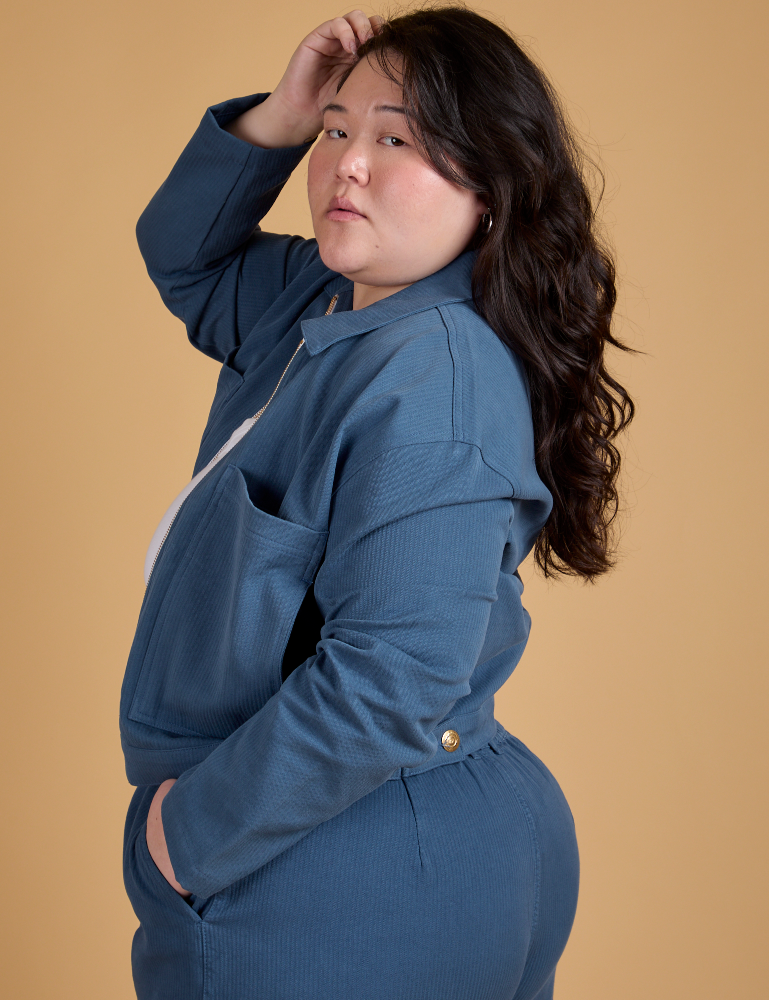 Side view of Heritage Mechanic Jacket in French Blue on Ashley