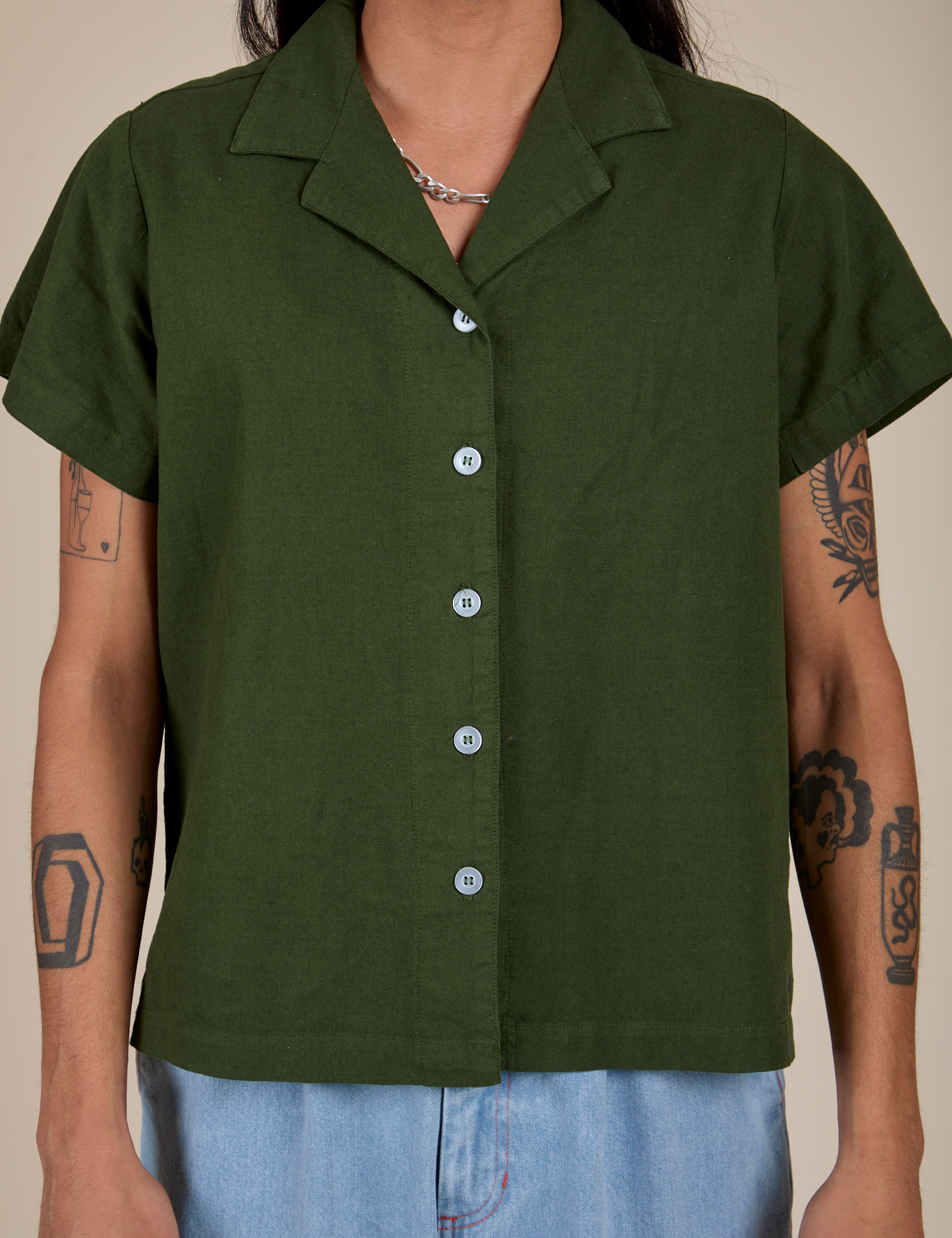 Pantry Button-Up in Evergreen close up on Anthony