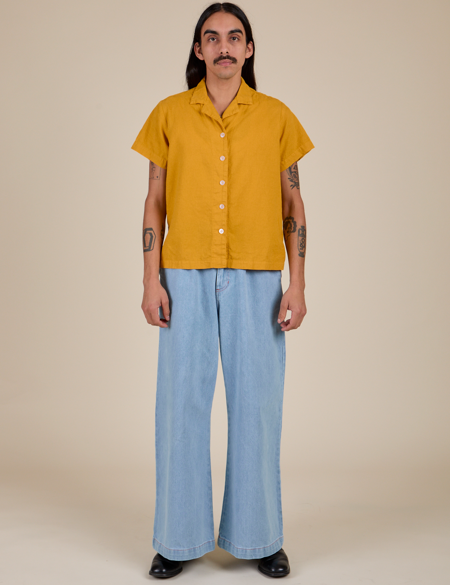 Pantry Button-Up in Mustard Yellow and light wash Indigo Wide Leg Trousers