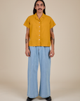 Pantry Button-Up in Mustard Yellow and light wash Indigo Wide Leg Trousers