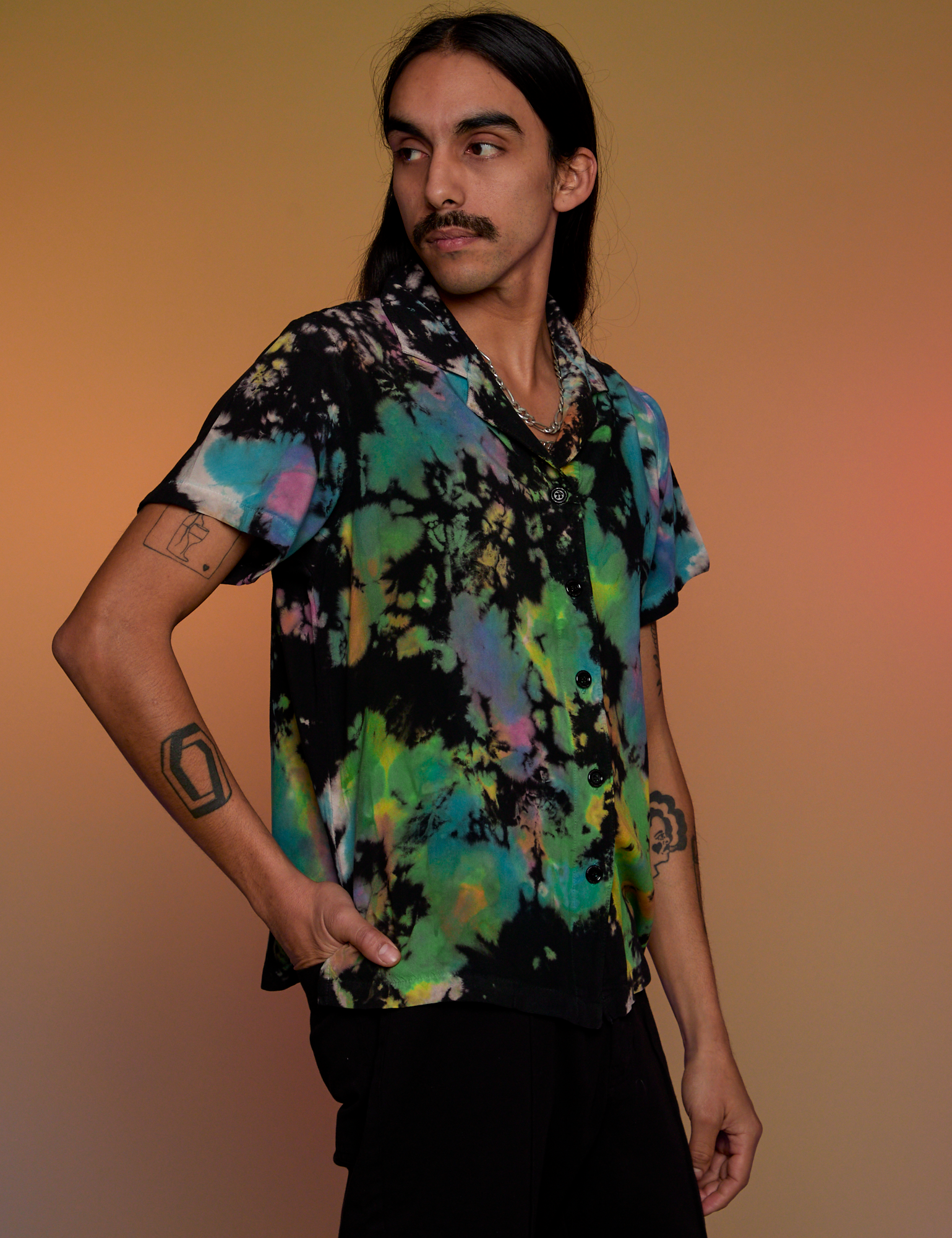 Pantry Button-Up in Rainbow Magic Waters angled front view on Anthony