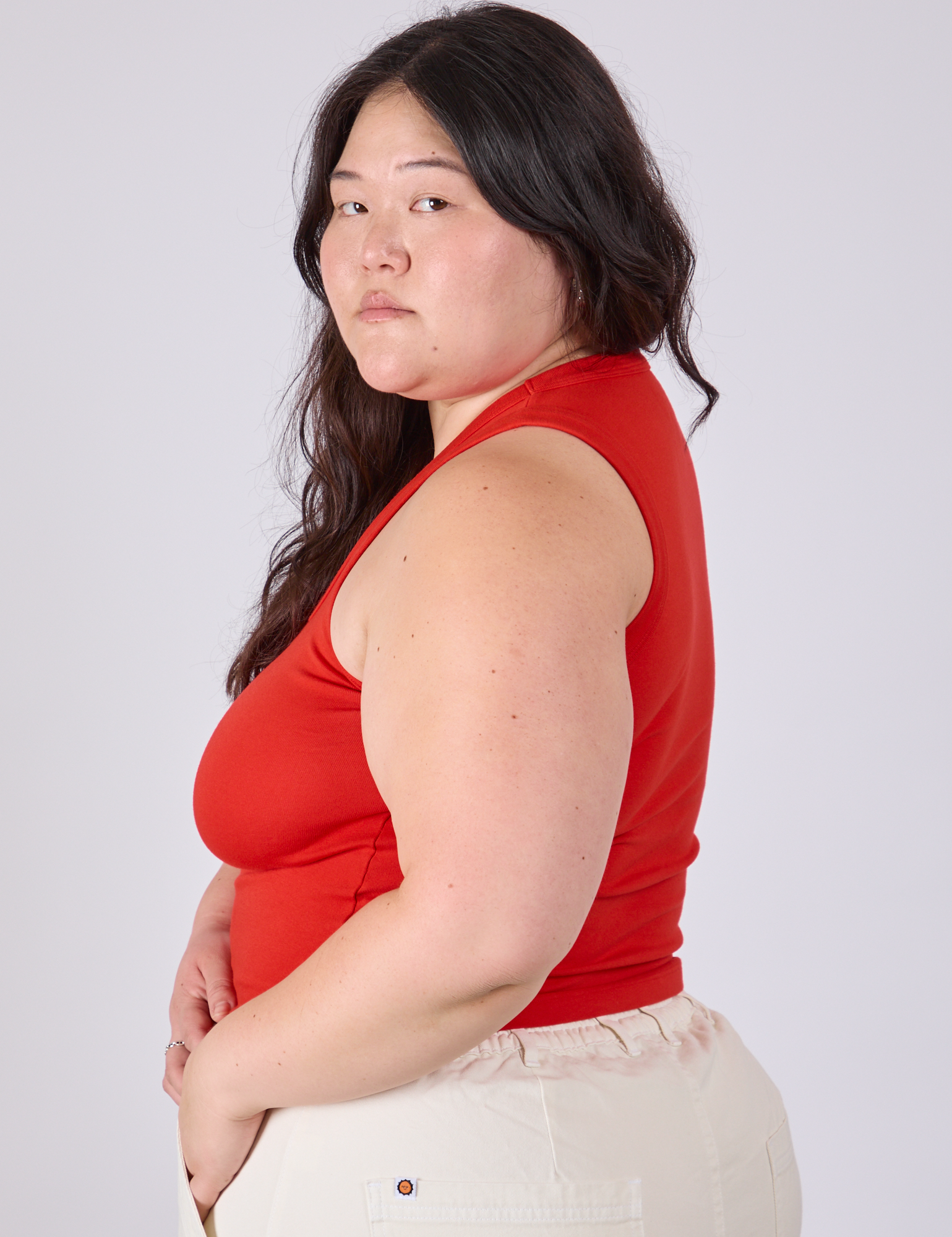 Tank Top in Mustang Red side view on Ashley