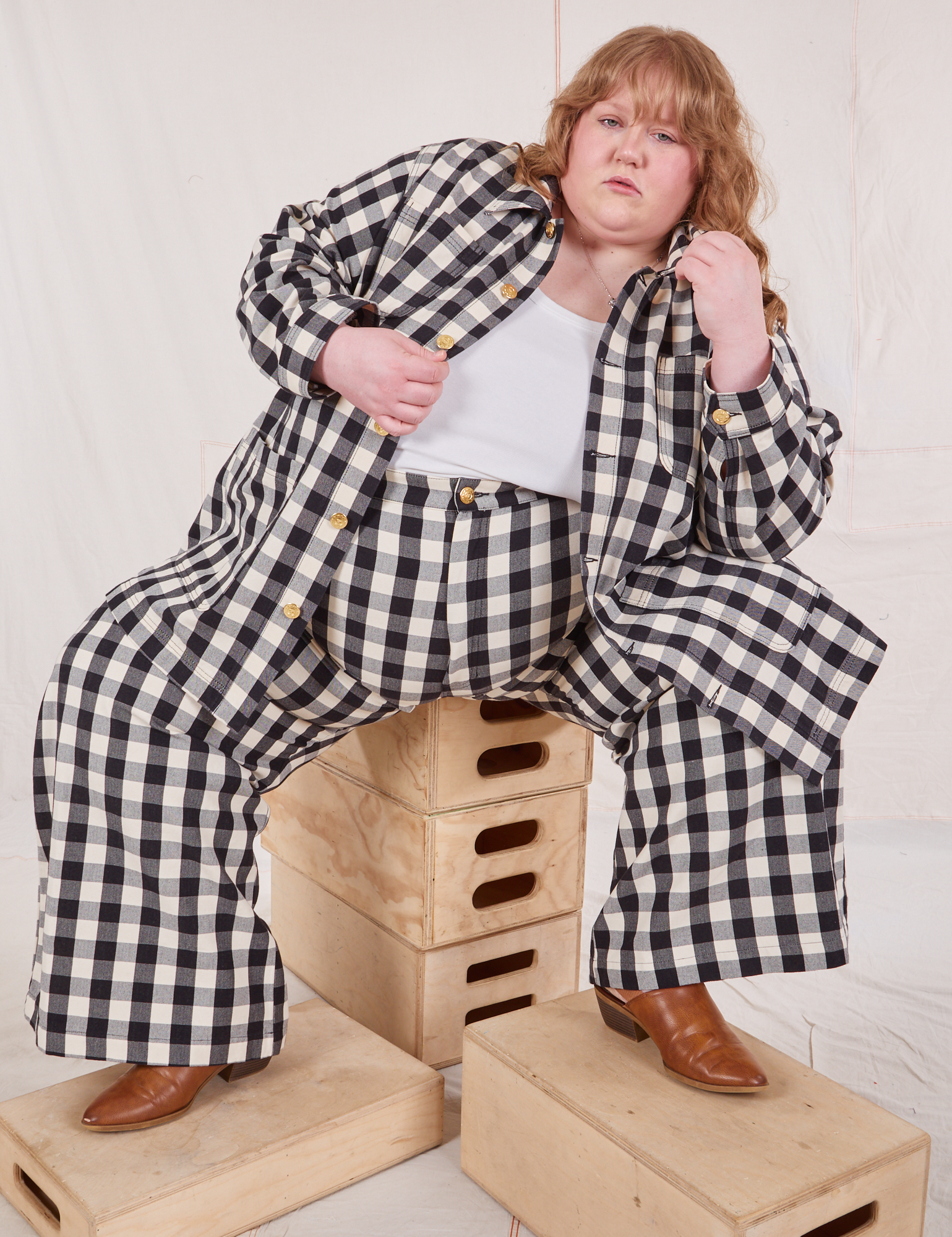 Catie is wearing Wide Leg Trousers in Big Gingham and matching Field Jacket